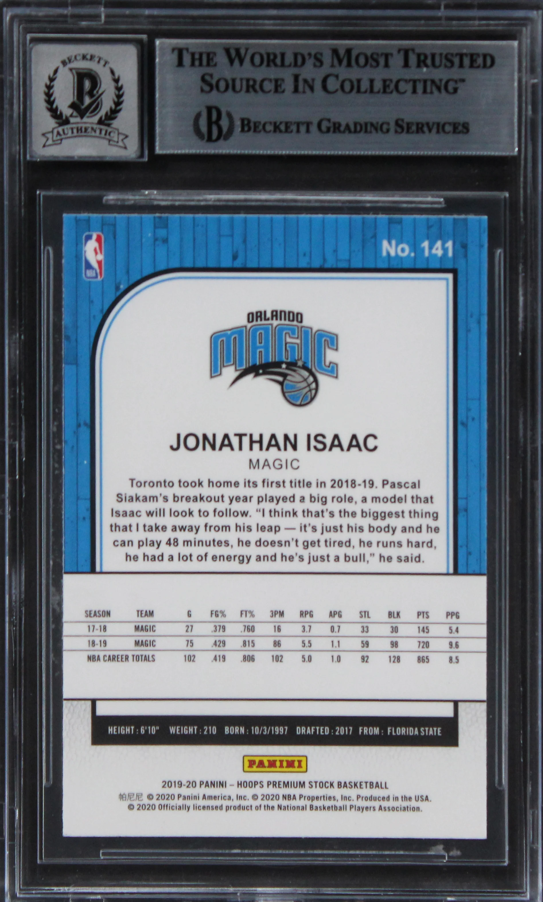 Magic Jonathan Isaac Signed 2019 Hoops Premium Stock #141 Card Auto 10! BAS Slab - Image 3