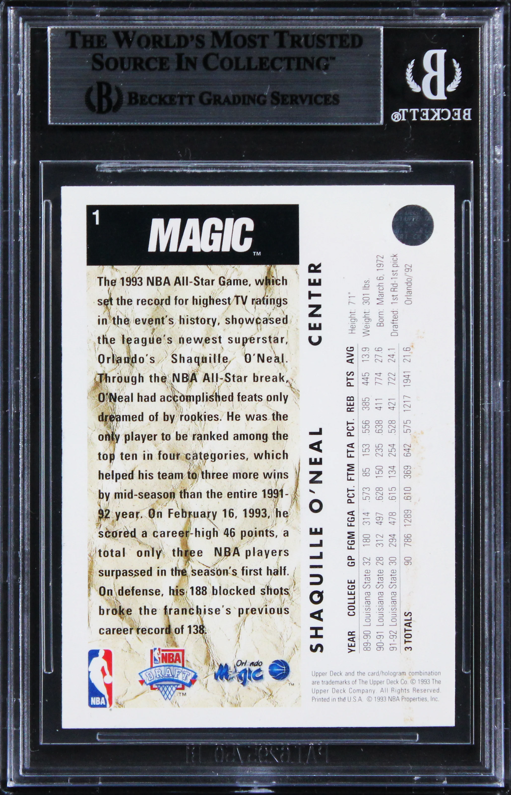 Magic Shaquille O'Neal 1992 Upper Deck #1 Rookie Card Autographed BAS Slabbed - Image 3