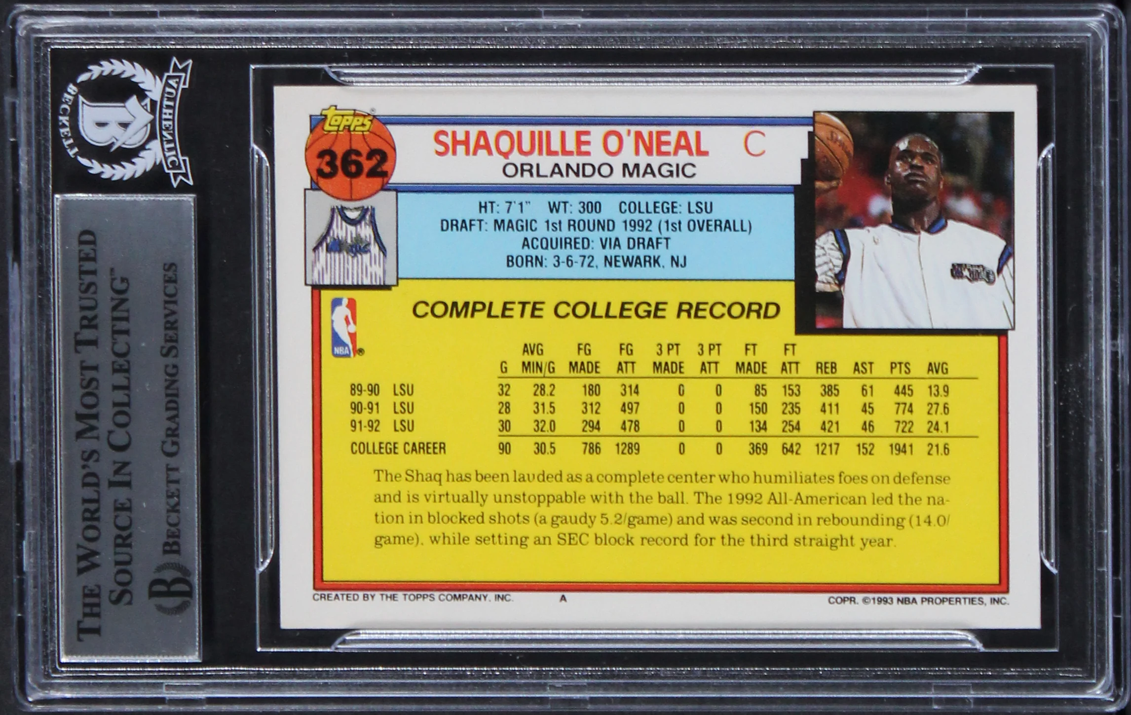 Magic Shaquille O'Neal Authentic Signed 1992 Topps #362 Rookie Card BAS Slabbed - Image 3