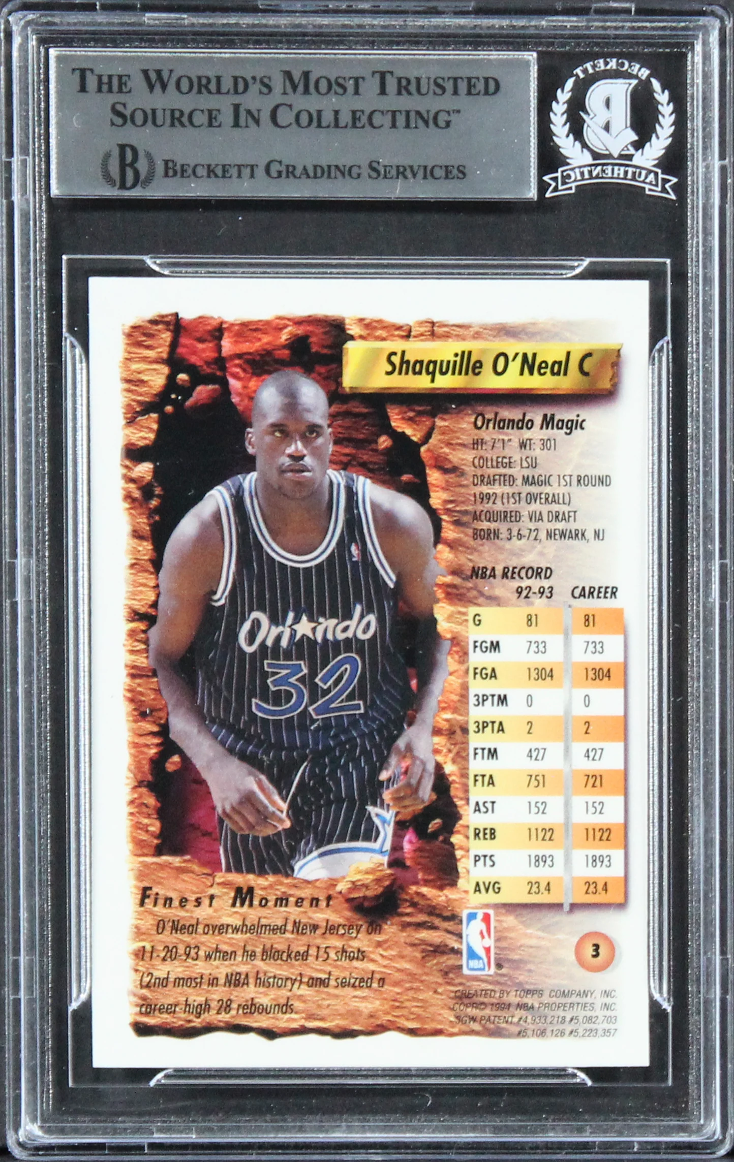 Magic Shaquille O'Neal Authentic Signed 1993 Finest #3 Card BAS Slabbed - Image 3