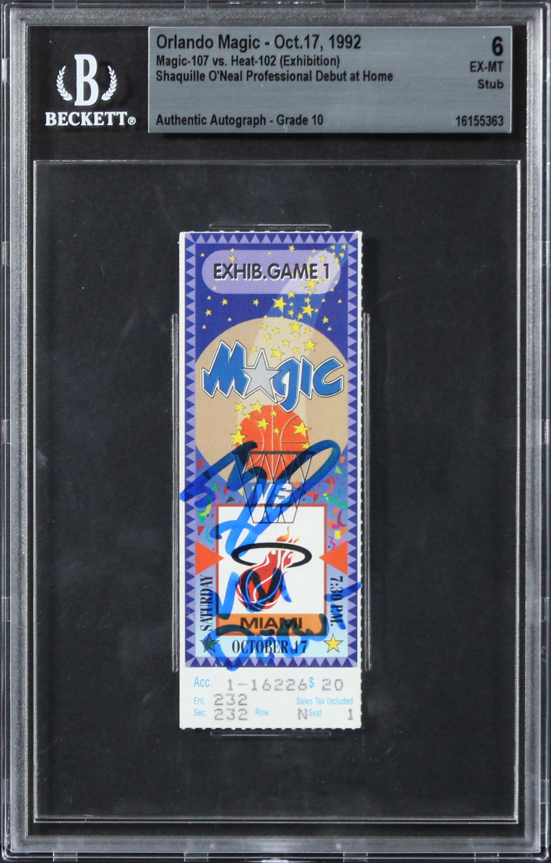 Magic Shaquille O'Neal "NBA Debut" Signed 1992 Ticket EX-MT 6 Auto 10 BAS Slab - Image 2