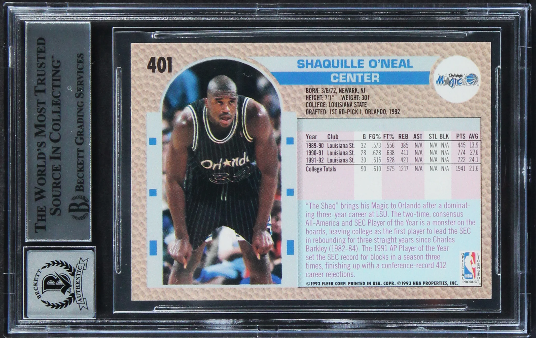 Magic Shaquille O'Neal Signed 1992 Fleer #401 Rookie Card Auto 10! BAS Slabbed - Image 3