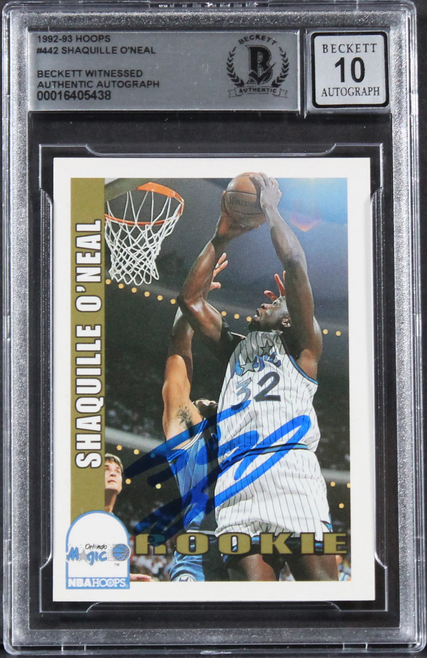 Magic Shaquille O'Neal Signed 1992 Hoops #442 Rookie Card Auto 10! BAS Slabbed - Image 2