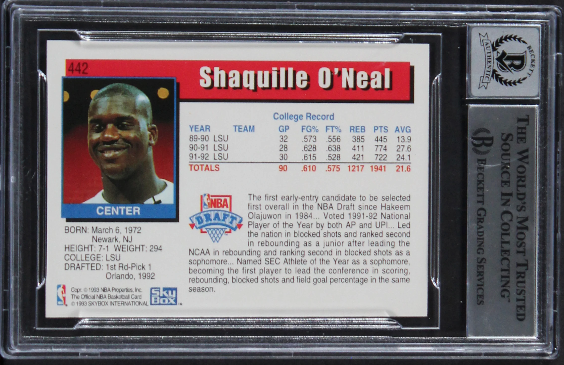 Magic Shaquille O'Neal Signed 1992 Hoops #442 Rookie Card Auto 10! BAS Slabbed - Image 3
