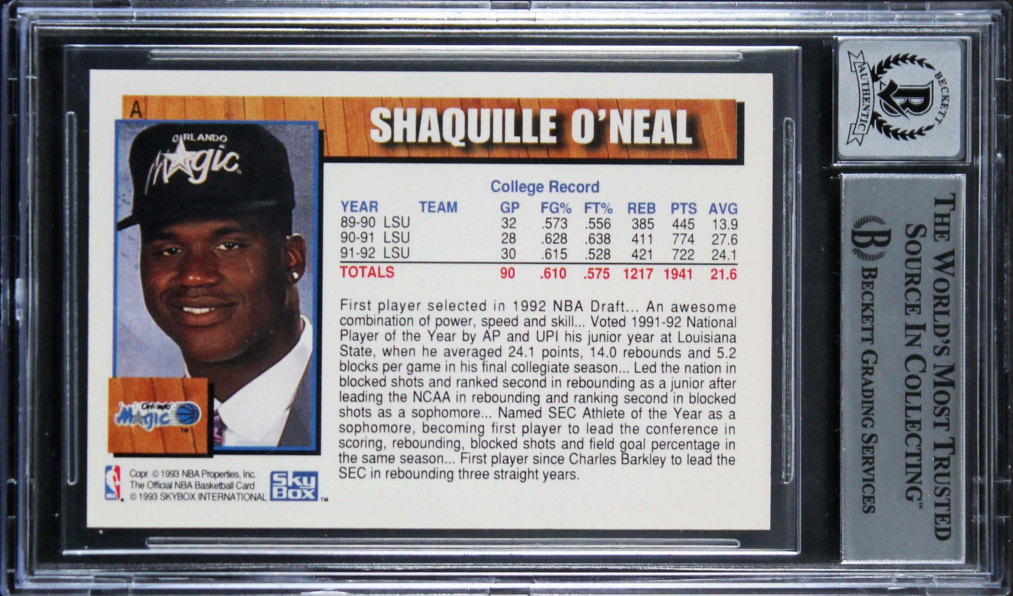 Magic Shaquille O'Neal Signed 1992 Hoops DR #A Rookie Card Auto 10! BAS Slabbed - Image 3