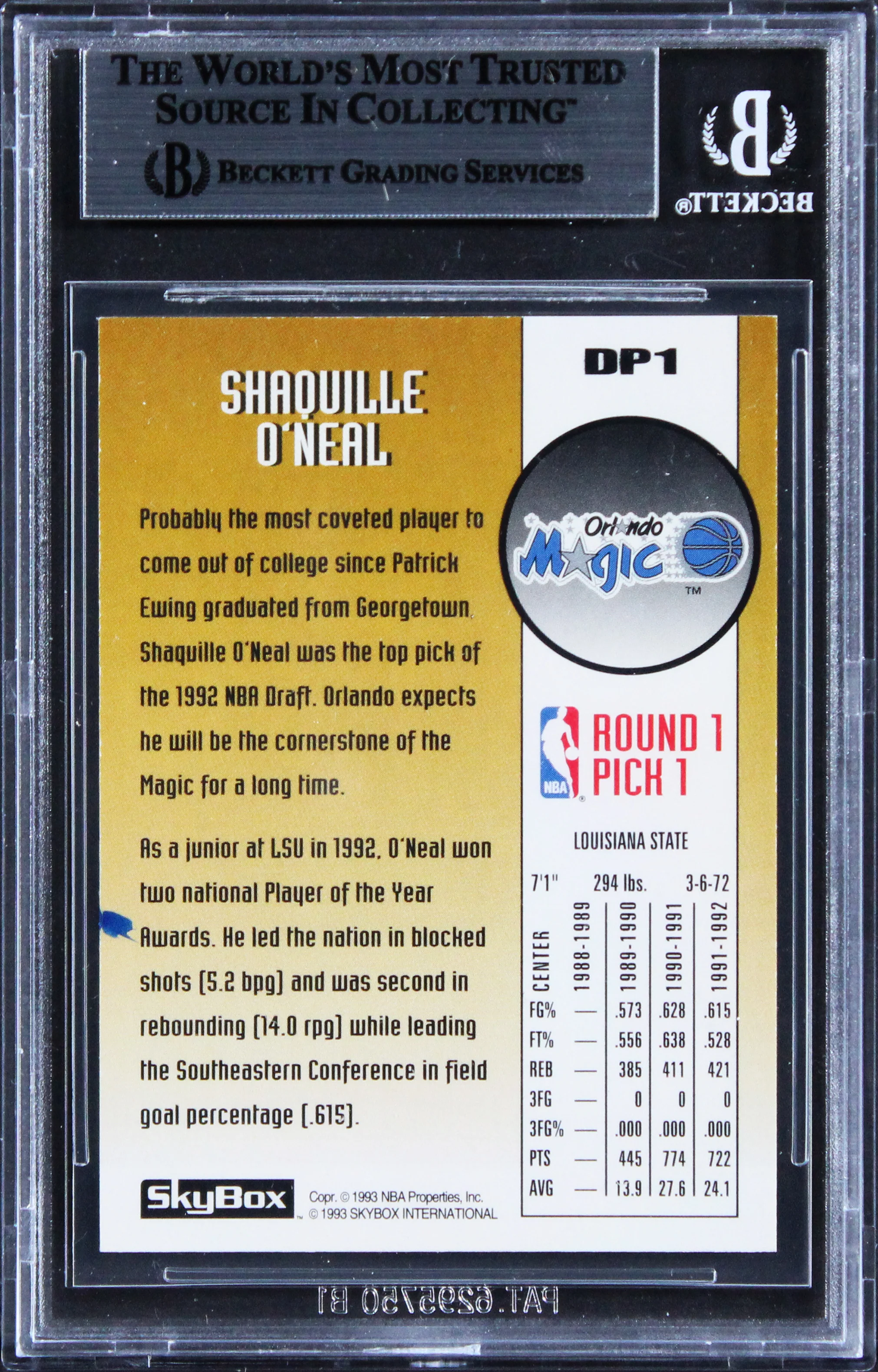 Magic Shaquille O'Neal Signed 1992 Skybox Draft Picks #DP1 Rookie Card BAS Slab - Image 3