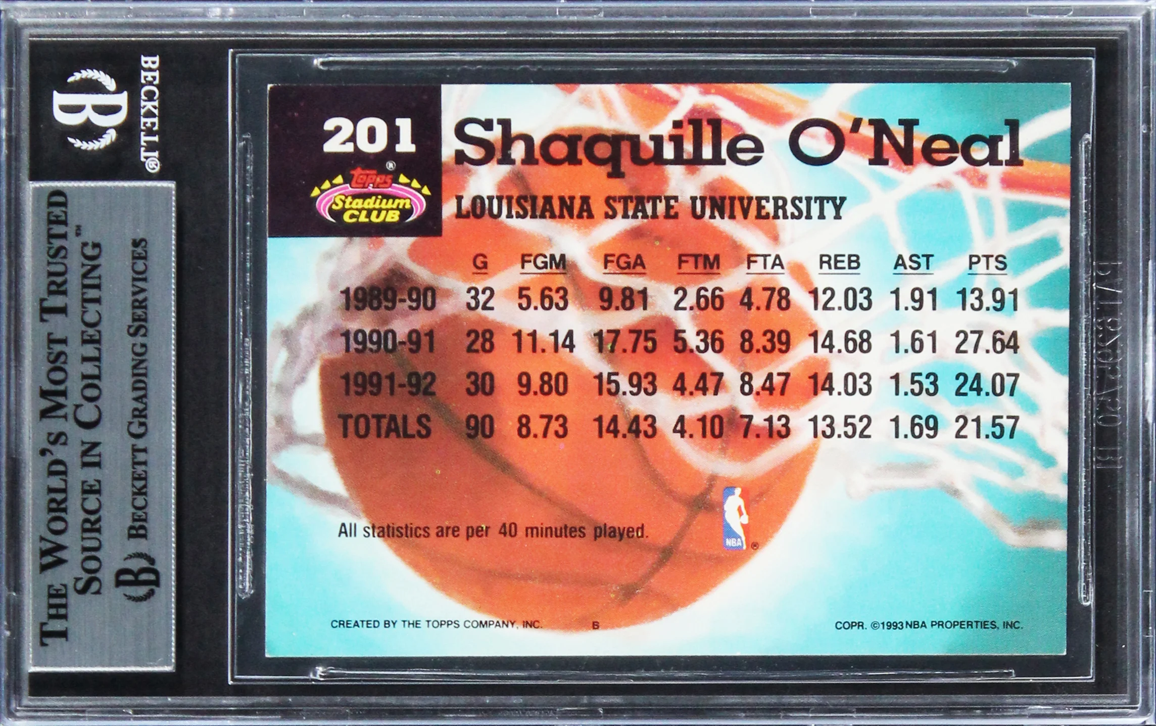 Magic Shaquille O'Neal Signed 1992 Stadium Club #201 Rookie Card BAS Slabbed - Image 3