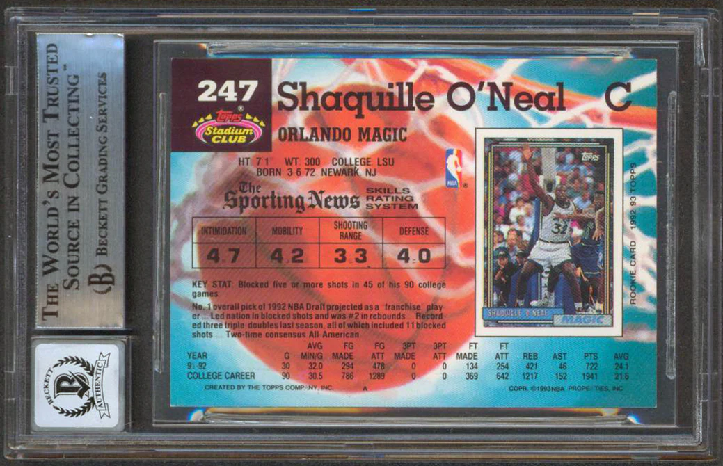Magic Shaquille O'Neal Signed 1992 Stadium Club #247 RC Card Auto 10 BAS Slabbed - Image 3