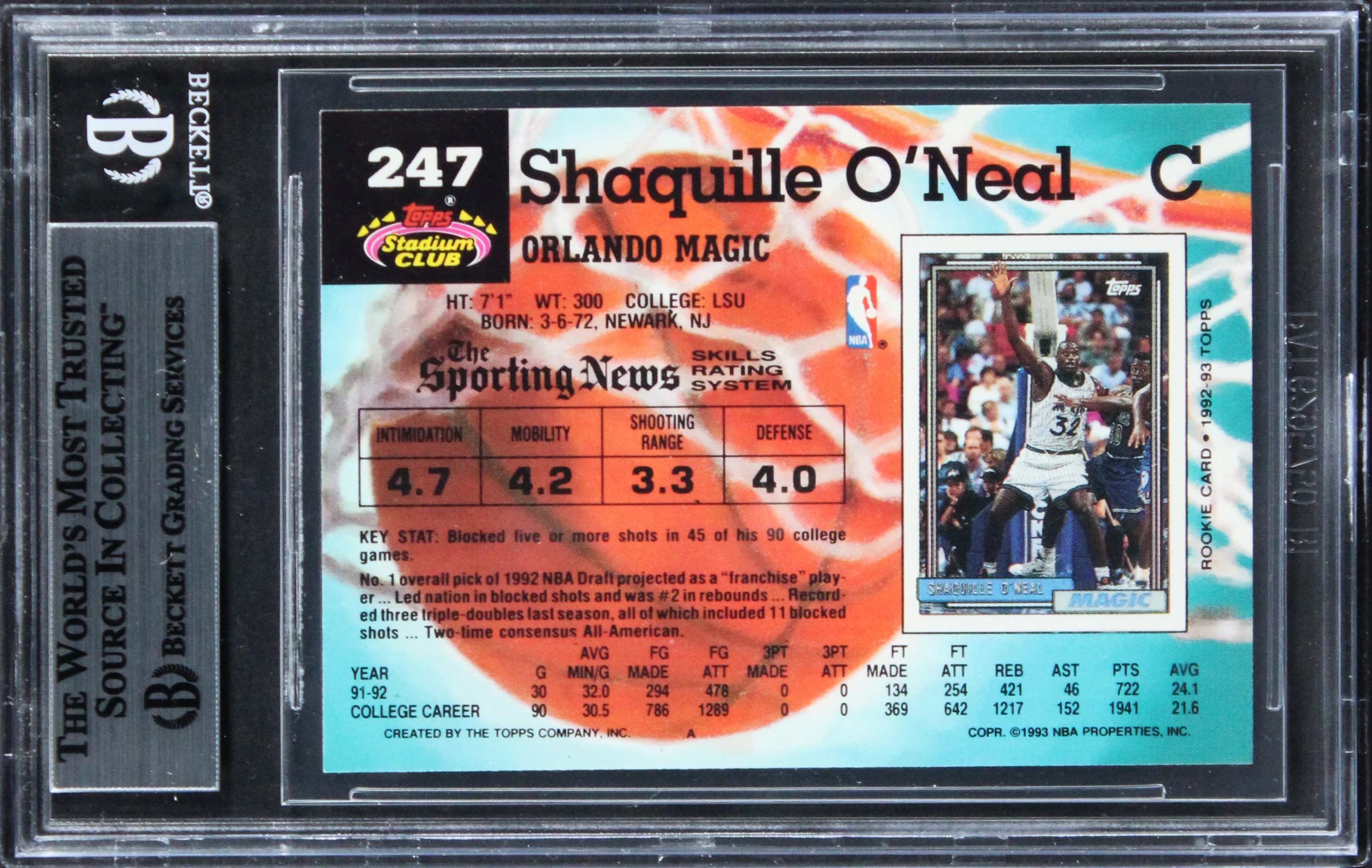 Magic Shaquille O'Neal Signed 1992 Stadium Club #247 Rookie Card BAS Slabbed - Image 3