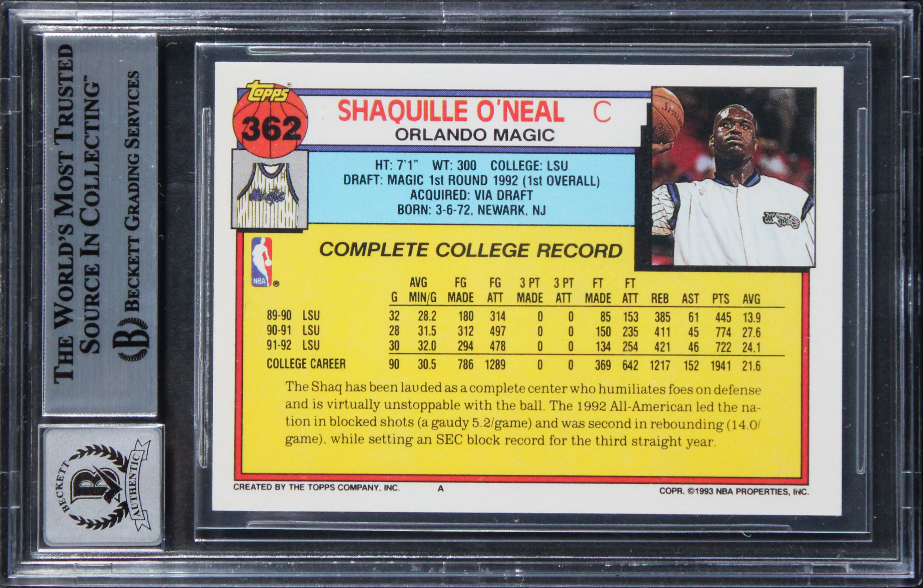 Magic Shaquille O'Neal Signed 1992 Topps #362 Rookie Card Auto 10! BAS Slabbed - Image 3