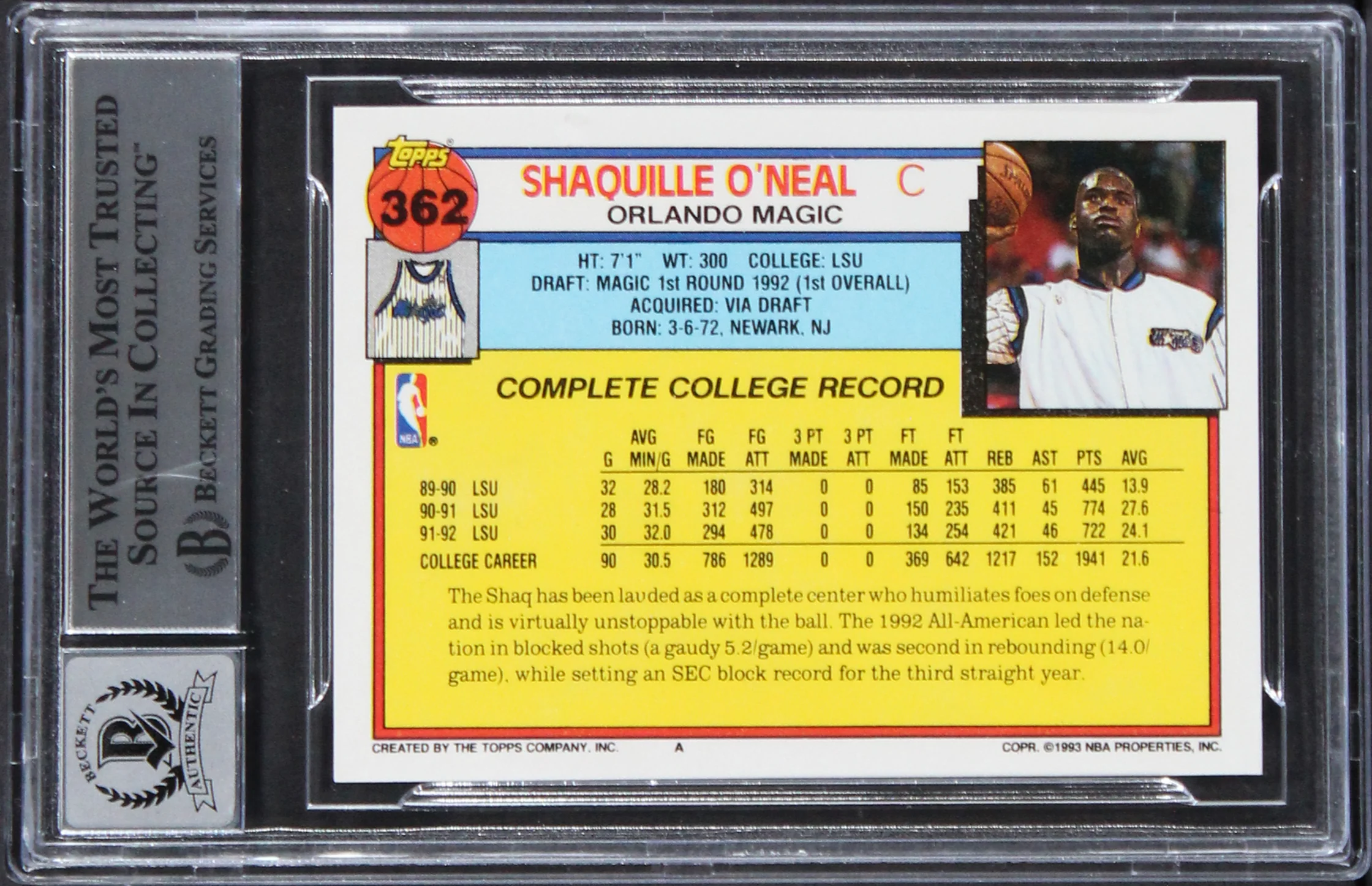 Magic Shaquille O'Neal Signed 1992 Topps #362 Rookie Card Auto 10! BAS Slabbed 2 - Image 3