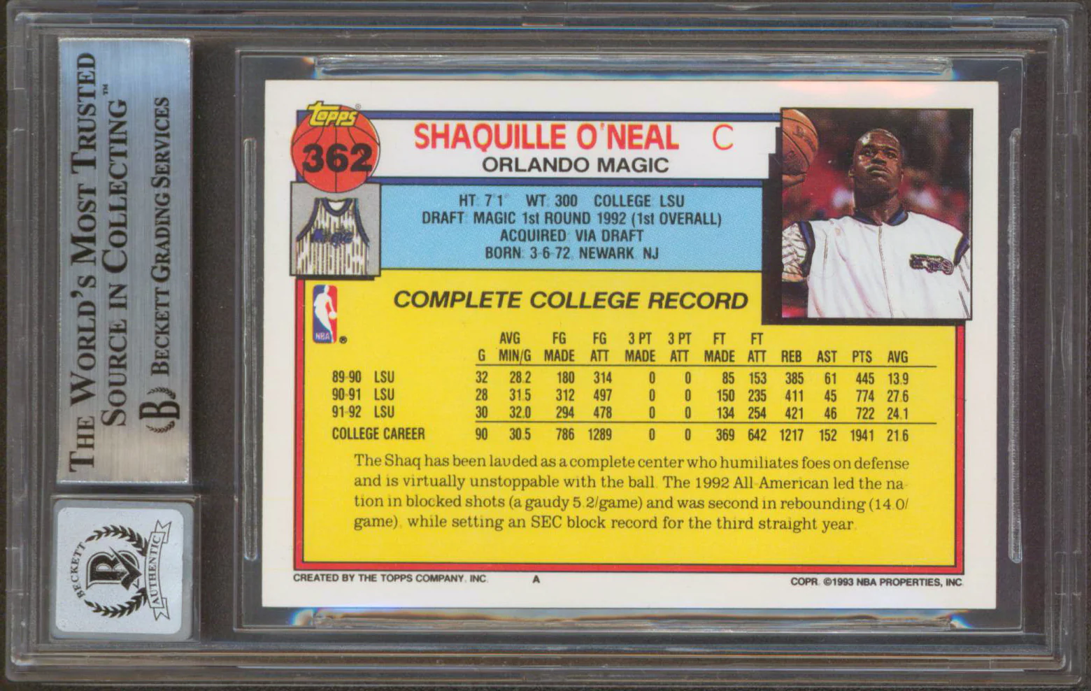 Magic Shaquille O'Neal Signed 1992 Topps #362 Rookie Card Auto 10! BAS Slabbed - Image 3