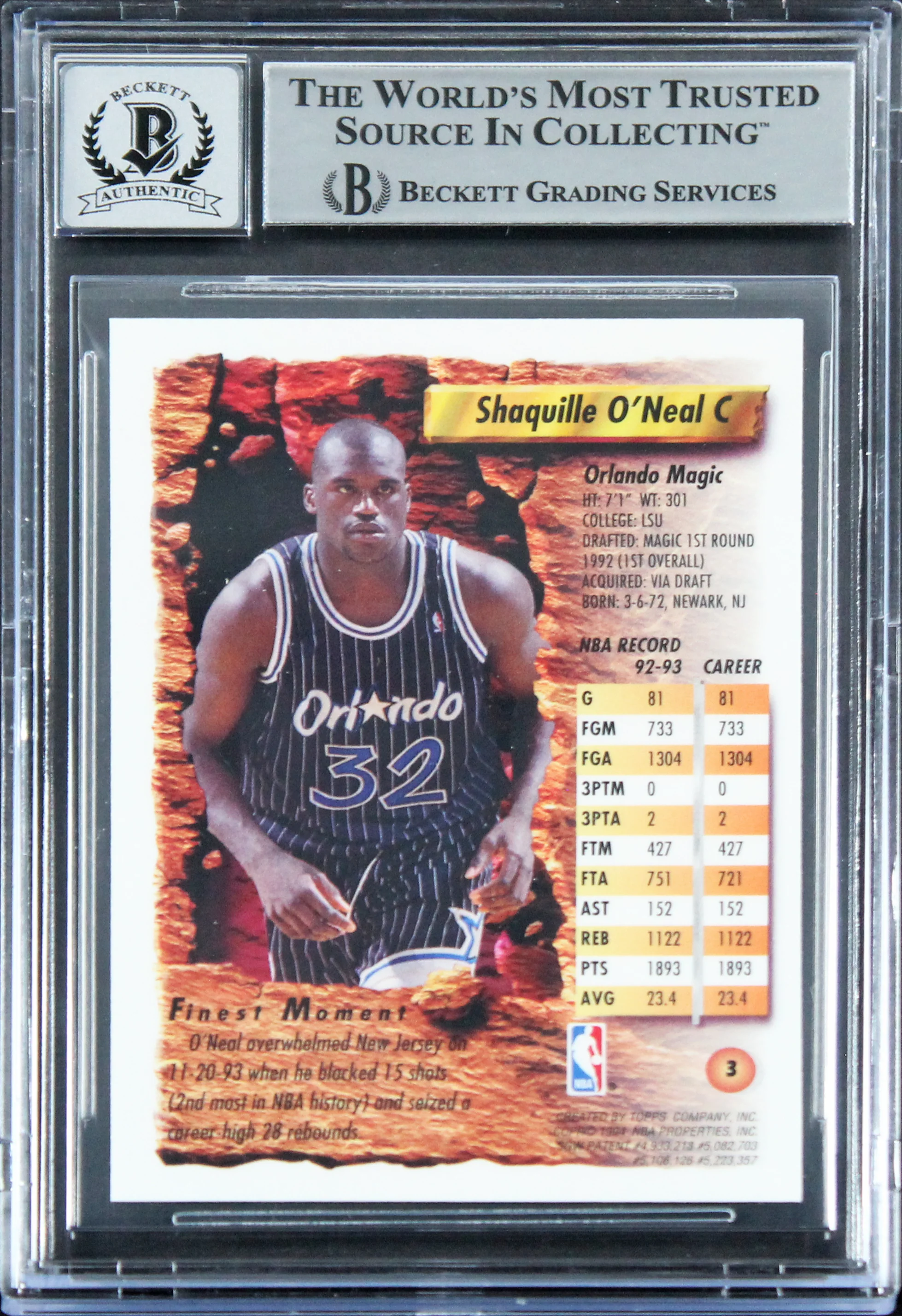 Magic Shaquille O'Neal Signed 1993 Finest #3 Card Auto 10! BAS Slabbed 2 - Image 3