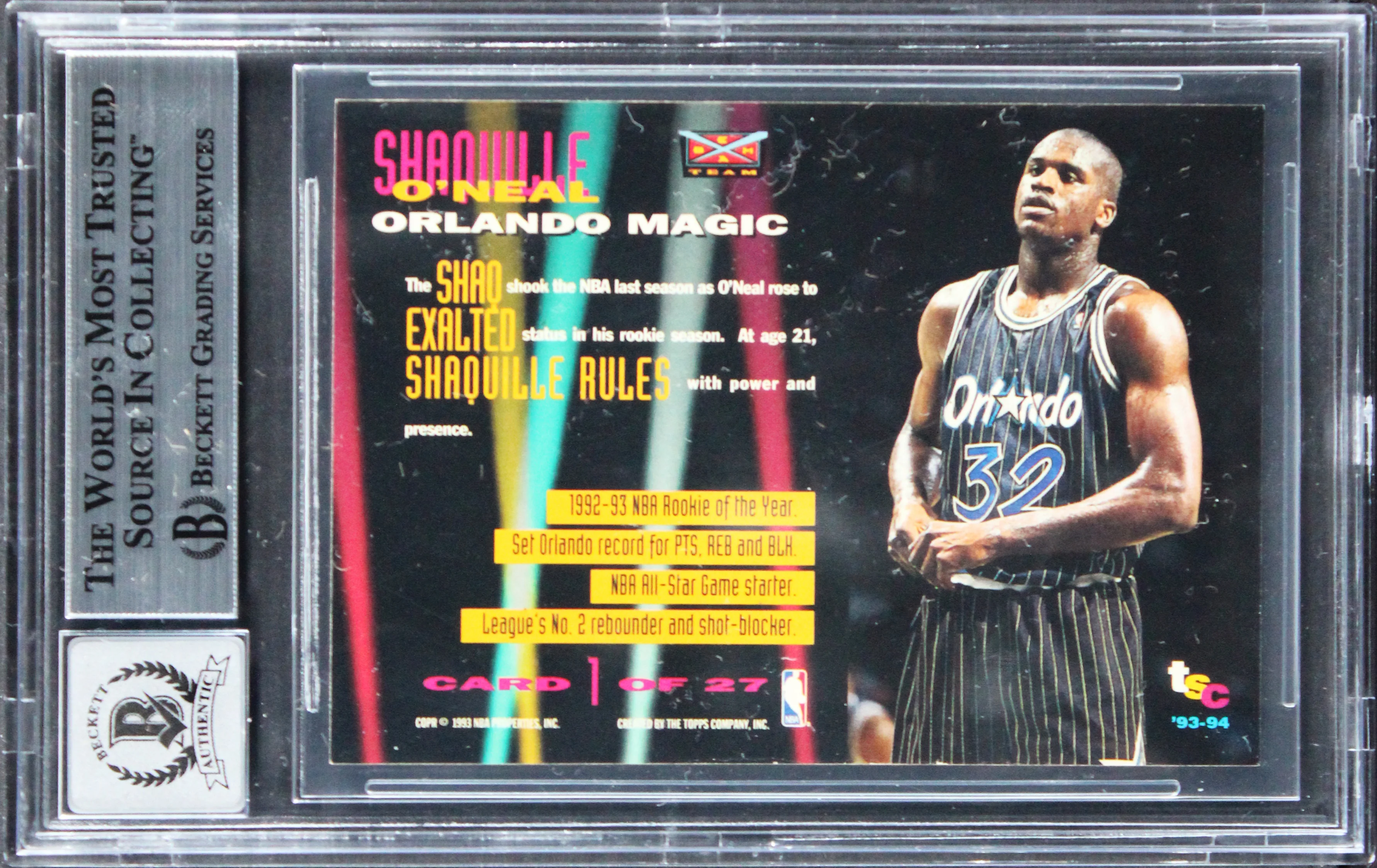 Magic Shaquille O'Neal Signed 1993 Stadium Club BT #1 Card Auto 10! BAS Slabbed - Image 3