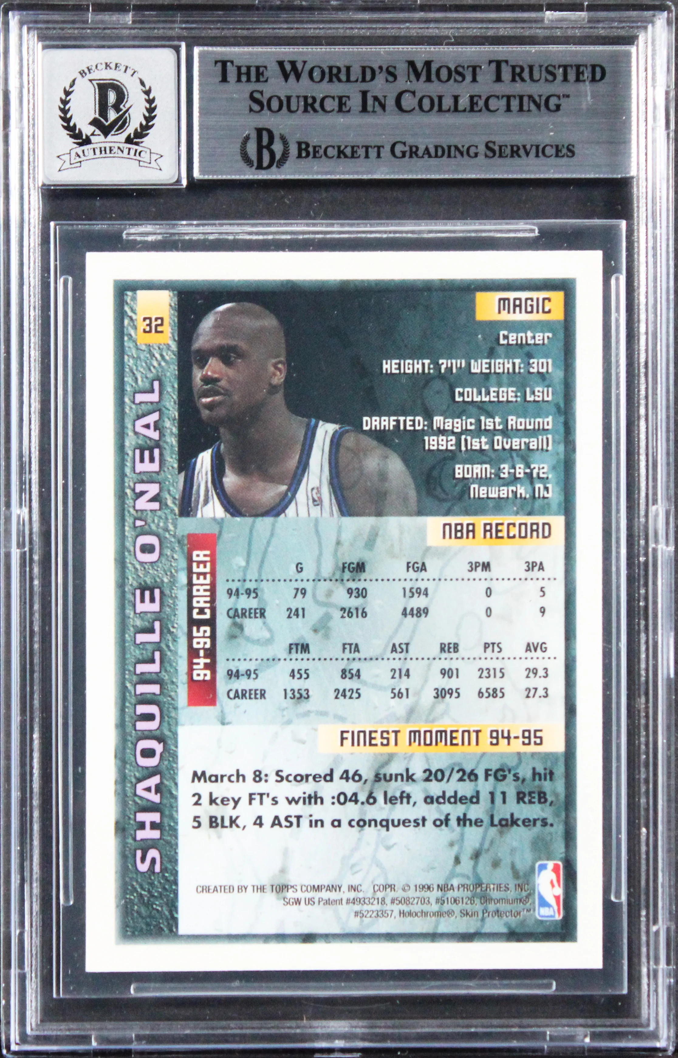 Magic Shaquille O'Neal Signed 1995 Finest #32 Card Auto Grade 10! BAS Slabbed - Image 3