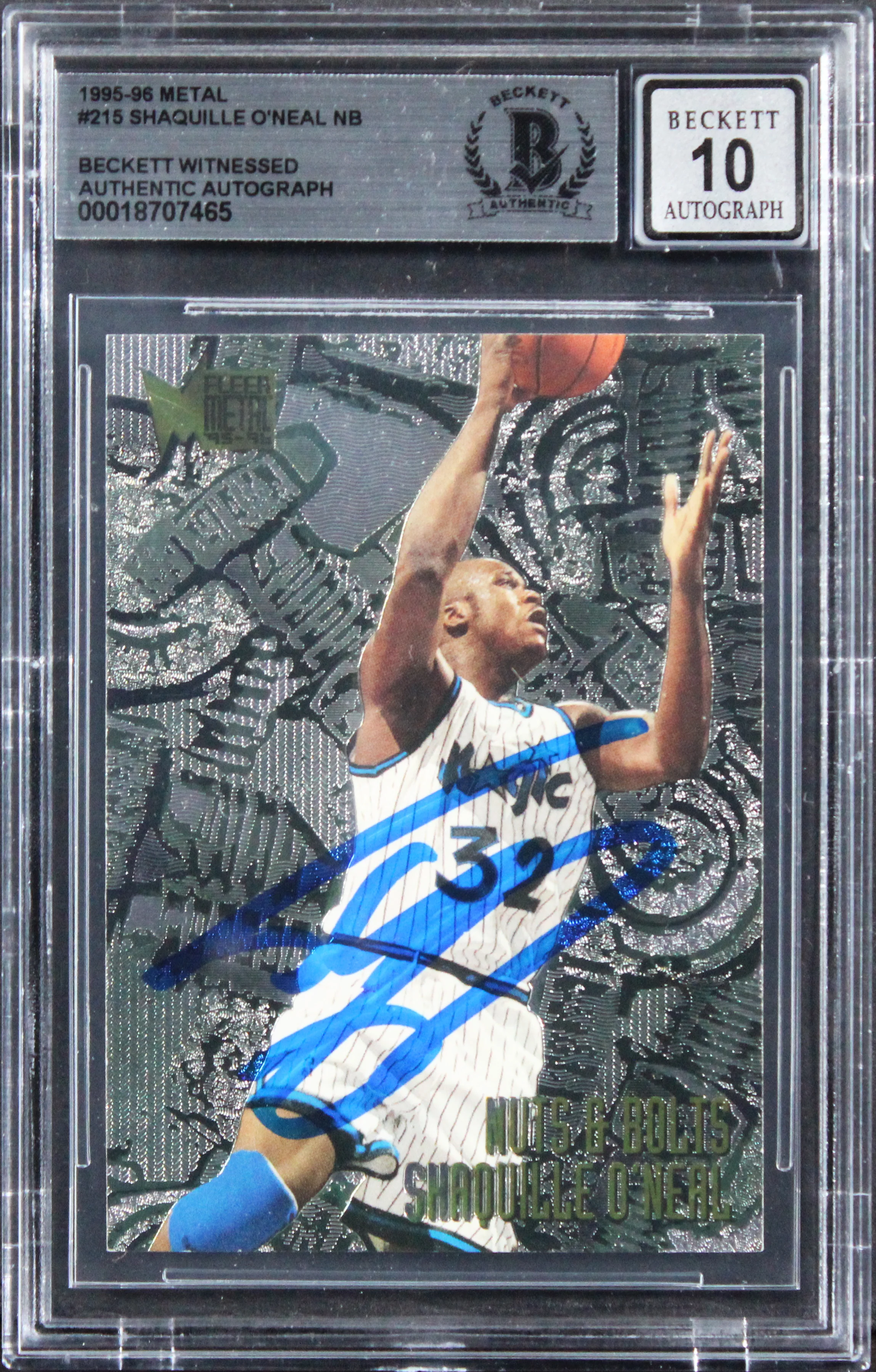 Magic Shaquille O'Neal Signed 1995 Metal #215 Card Auto Grade 10! BAS Slabbed - Image 2