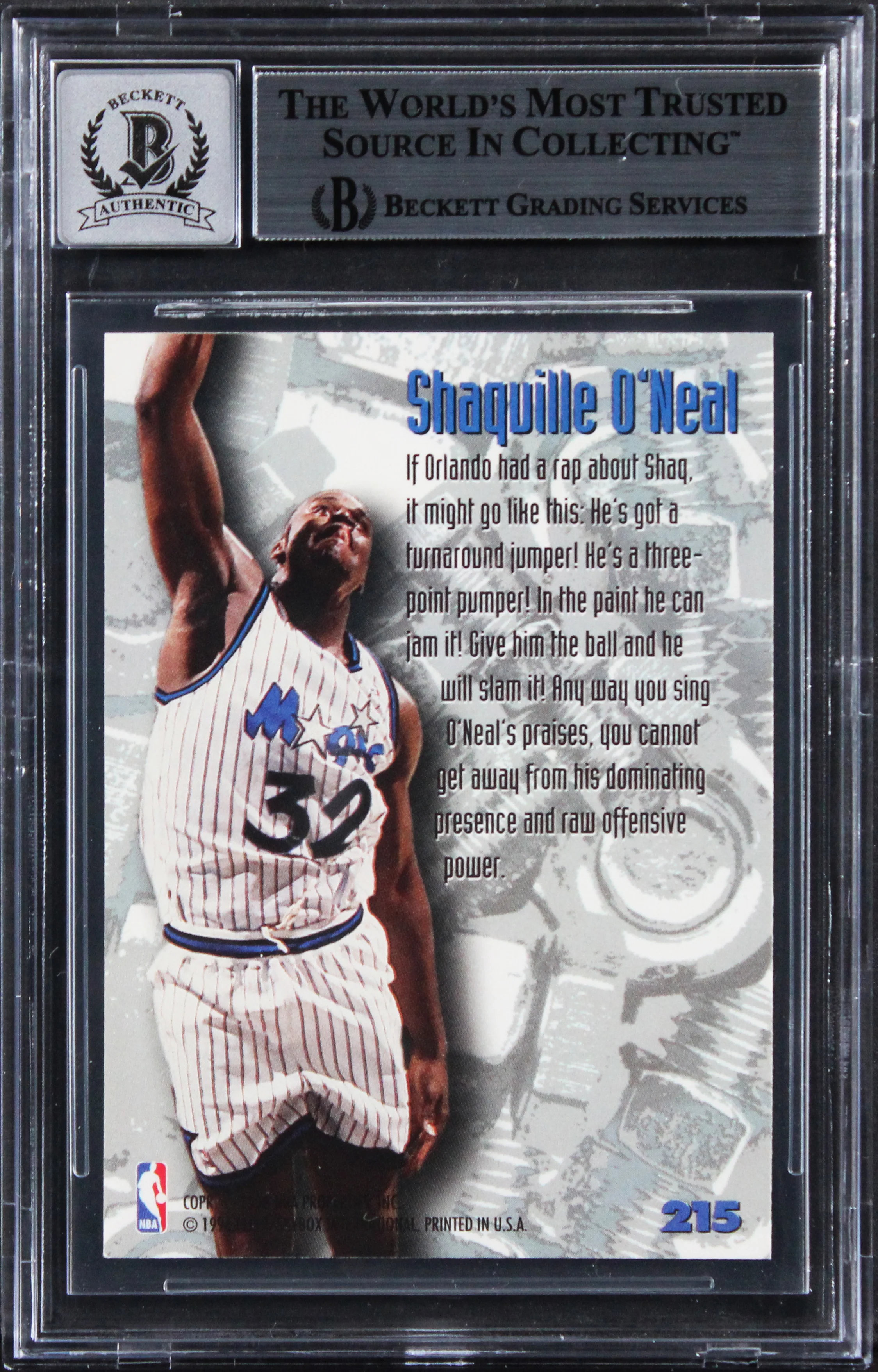Magic Shaquille O'Neal Signed 1995 Metal #215 Card Auto Grade 10! BAS Slabbed - Image 3