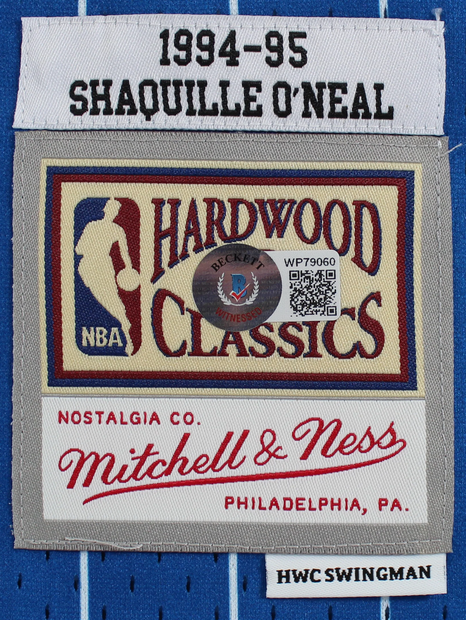 Magic Shaquille O'Neal Signed Blue M&N 1994-95 HWC Swingman Jersey BAS Witnessed - Image 5