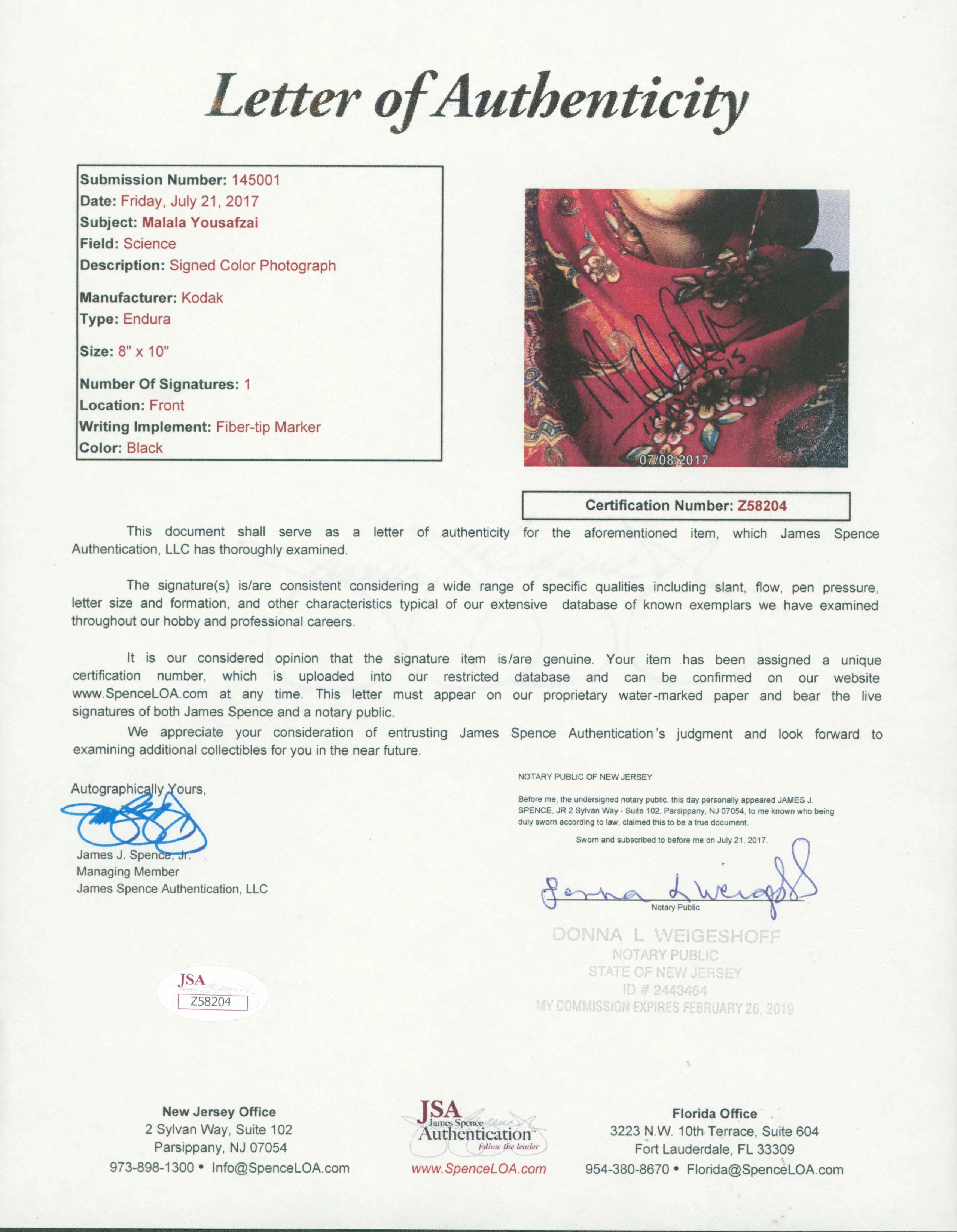 Malala Yousafzai Youngest Nobel Prize Laureate Signed 8x10 Photo JSA #Z58204 - Image 3