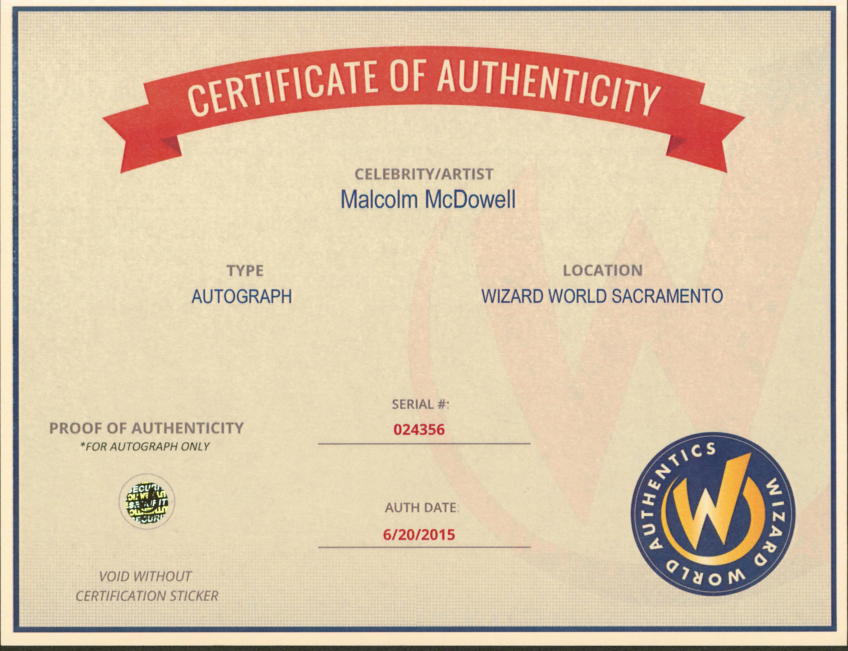 Malcolm McDowell Aces High Authentic Signed 8x10 Photo Wizard World #024356 - Image 3