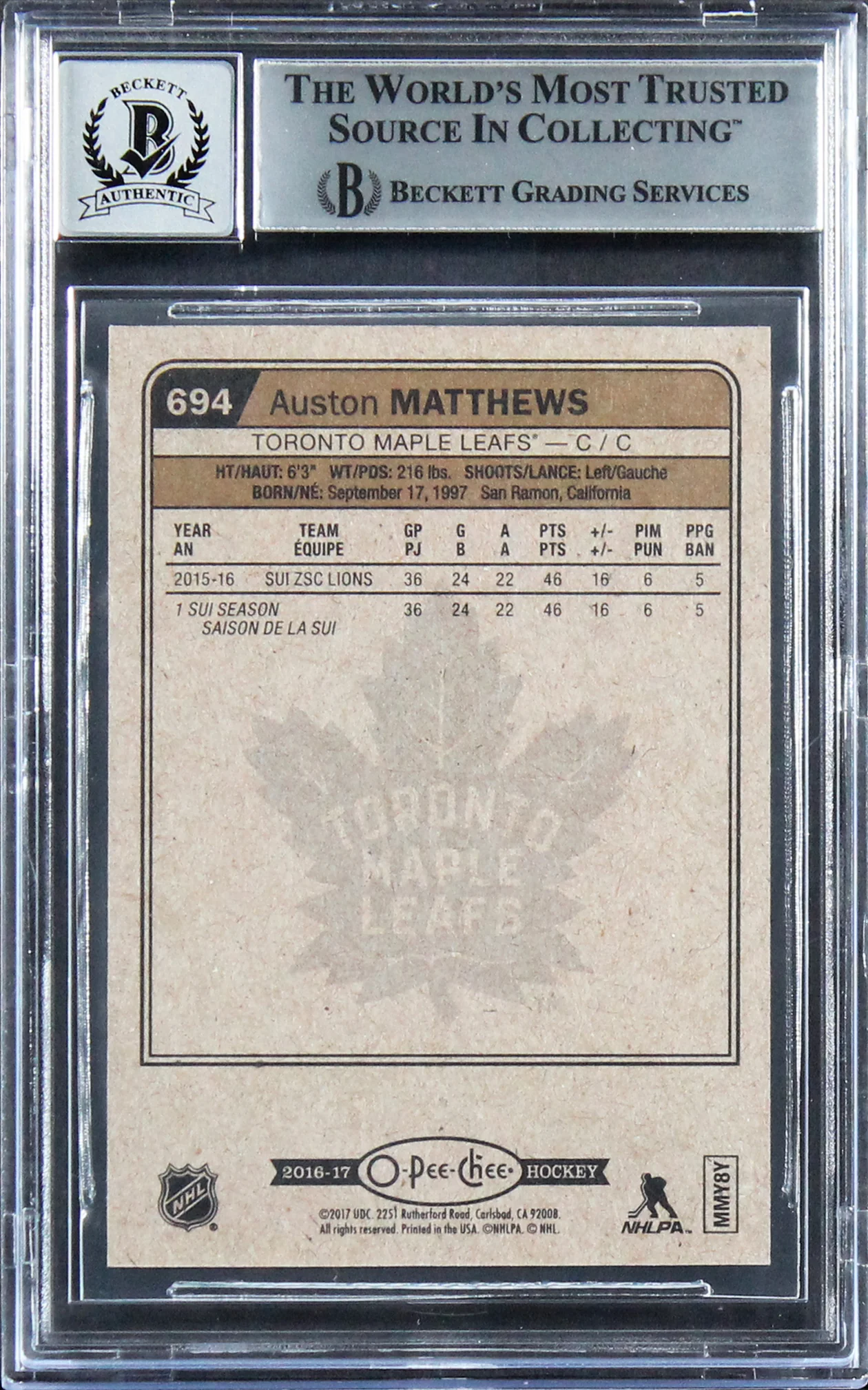 Maple Leafs Auston Matthews Signed 2016 O-Pee-Chee #694 RC Card Auto 10 BAS Slab - Image 3