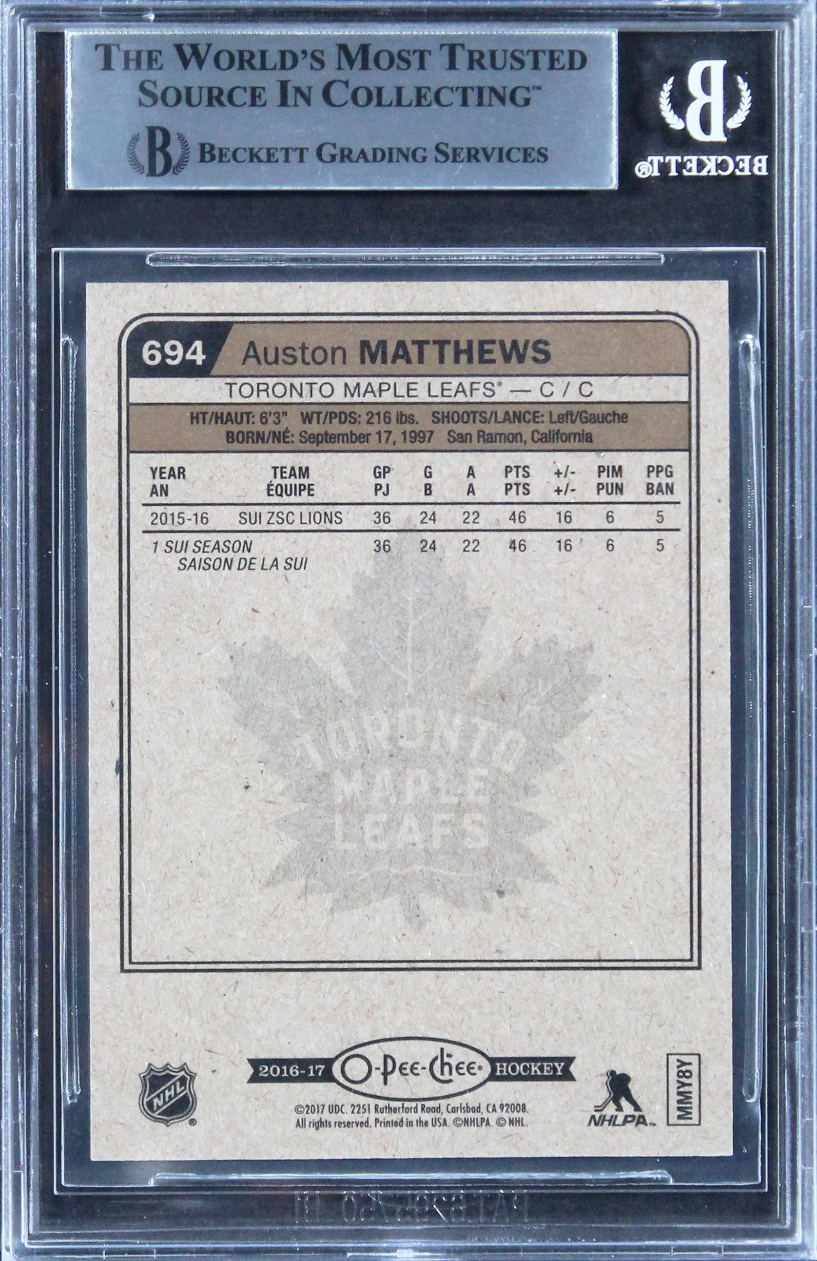 Maple Leafs Auston Matthews Signed 2016 O-Pee-Chee #694 Rookie Card BAS Slabbed - Image 3