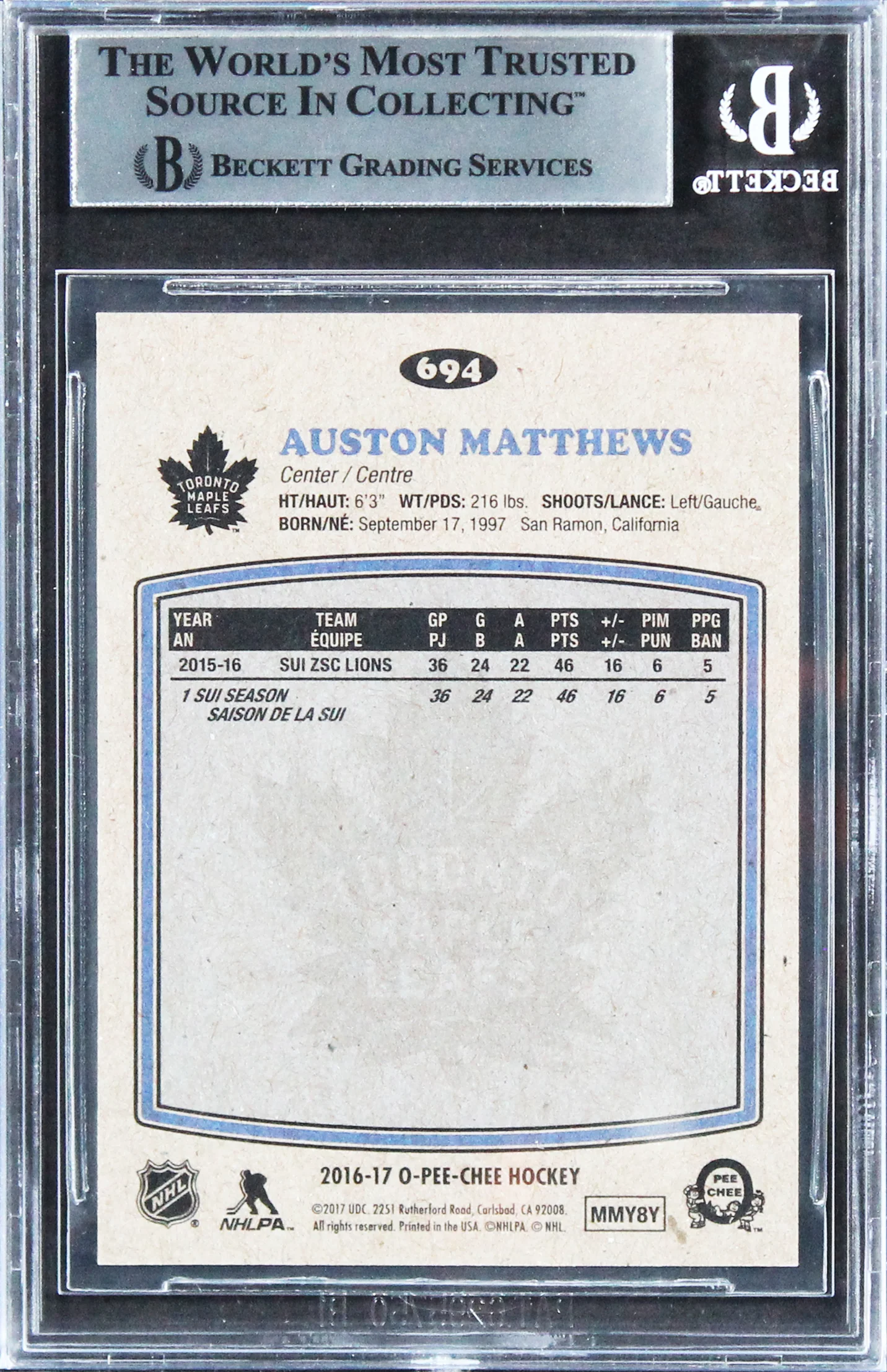Maple Leafs Auston Matthews Signed 2016 O-Pee-Chee Retro #694 RC Card BAS Slab - Image 3