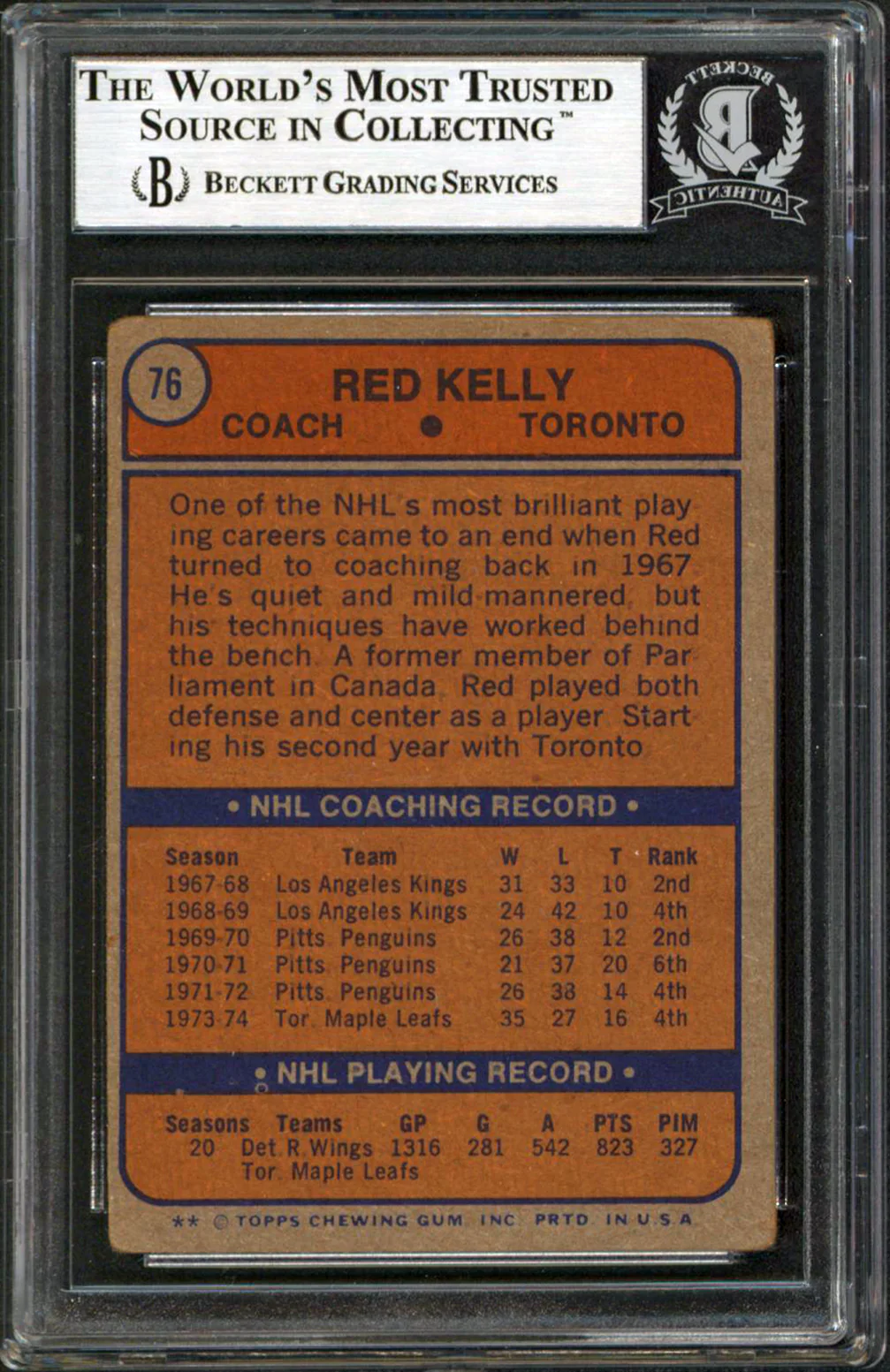 Maple Leafs Red Kelly Authentic Signed 1974 Topps #76 Card BAS Slabbed - Image 3