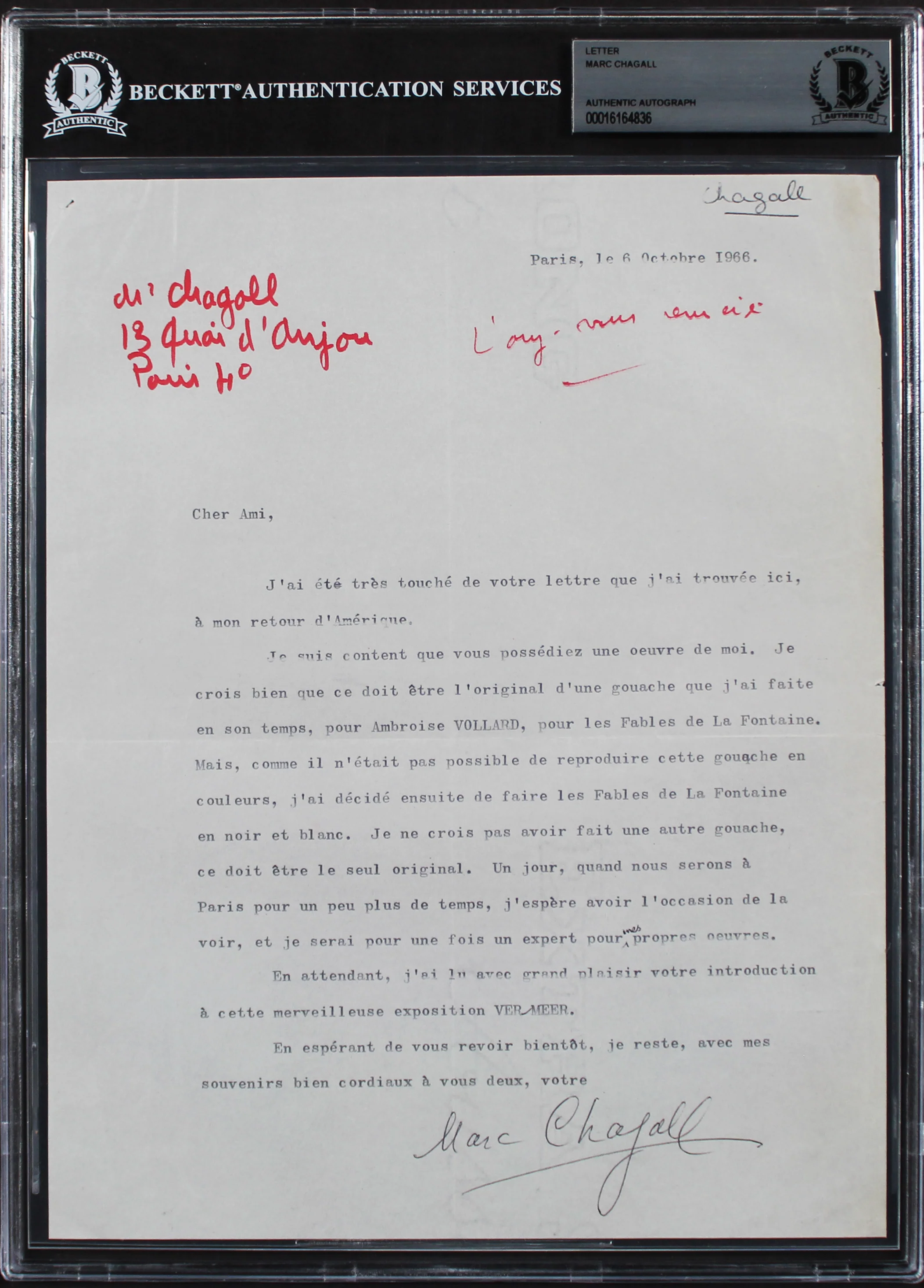 Marc Chagall Authentic Signed 8.25x10.5 1966 Typed Letter BAS Slabbed - Image 2