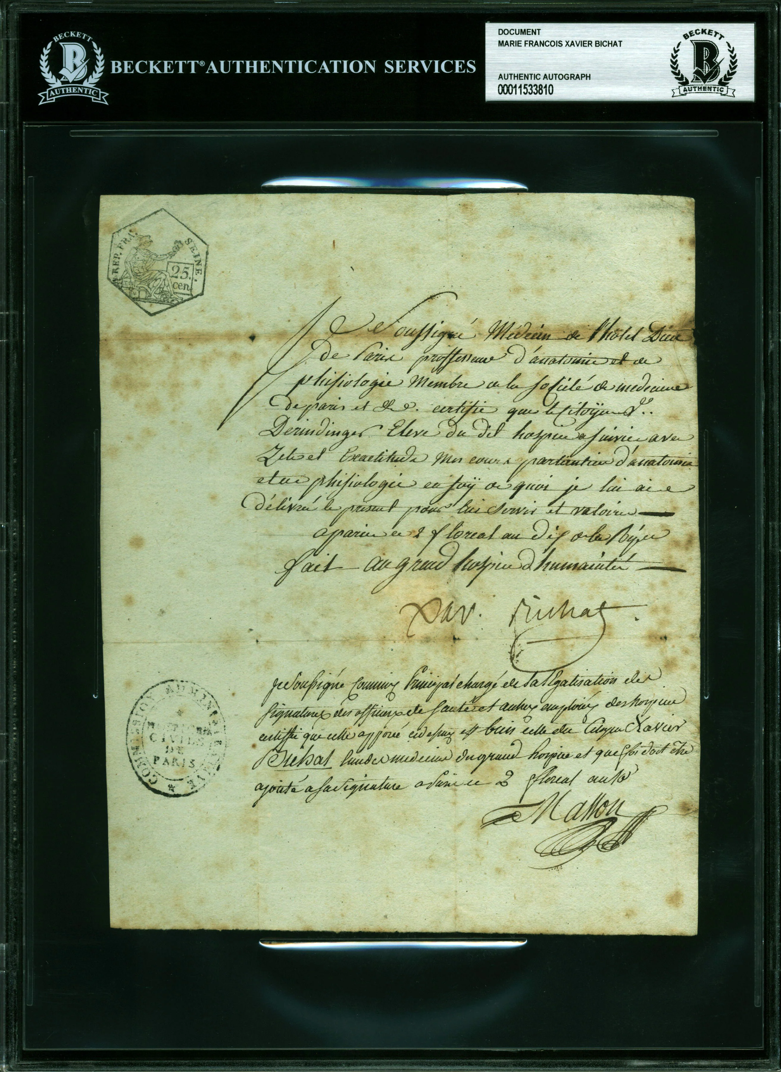 Marie Francois Xavier Bichat Authentic Signed 6.75x8.25 Manuscript BAS Slabbed - Image 2
