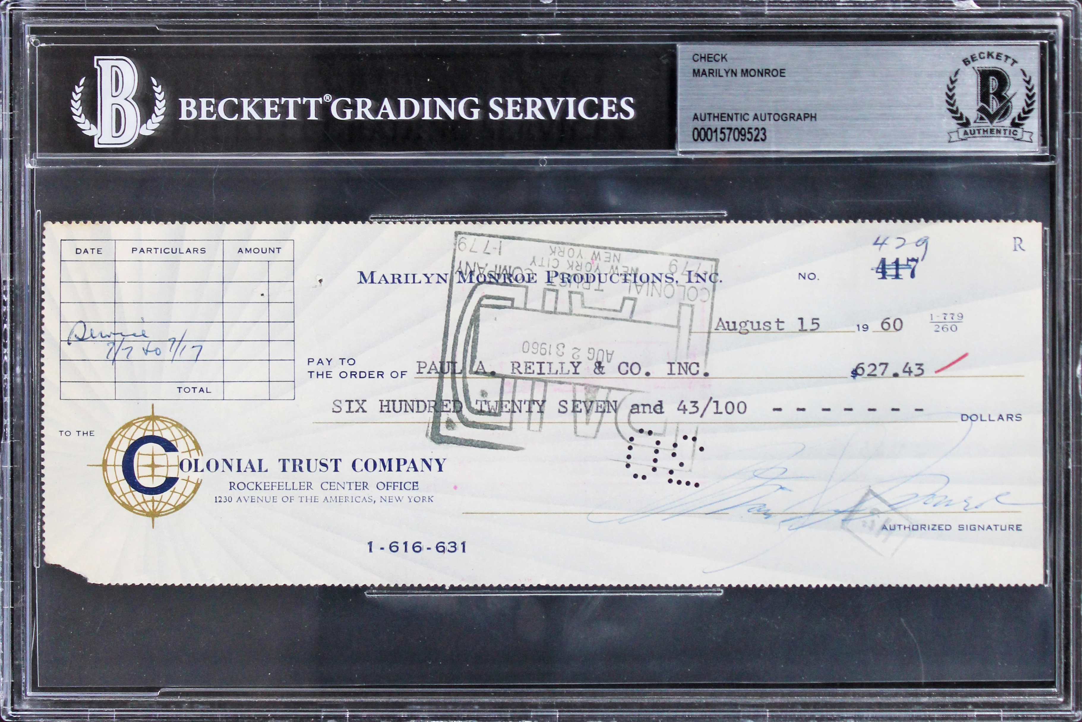 Marilyn Monroe Authentic Signed 3x8.5 1960 MM Productions Check BAS Slabbed