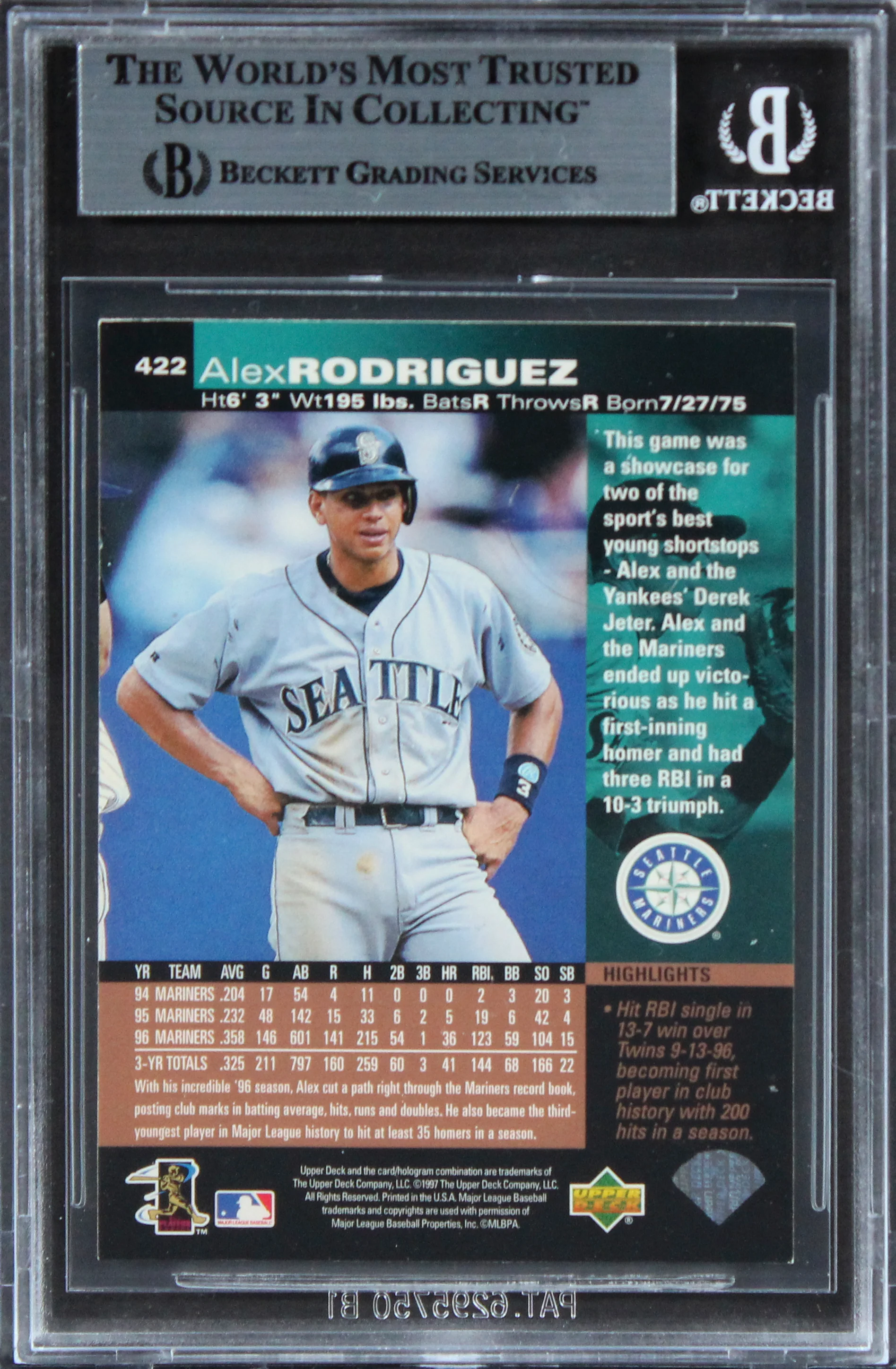 Mariners Alex Rodriguez Authentic Signed 1997 Upper Deck #422 Card BAS Slabbed - Image 3