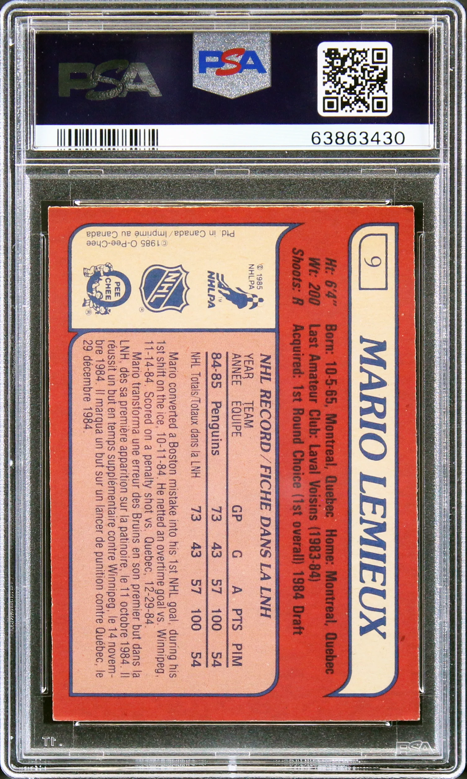 Mario Lemieux Signed 1985 O-Pee-Chee #9 RC Card Graded 6 Auto Grade 8 PSA Slab - Image 3