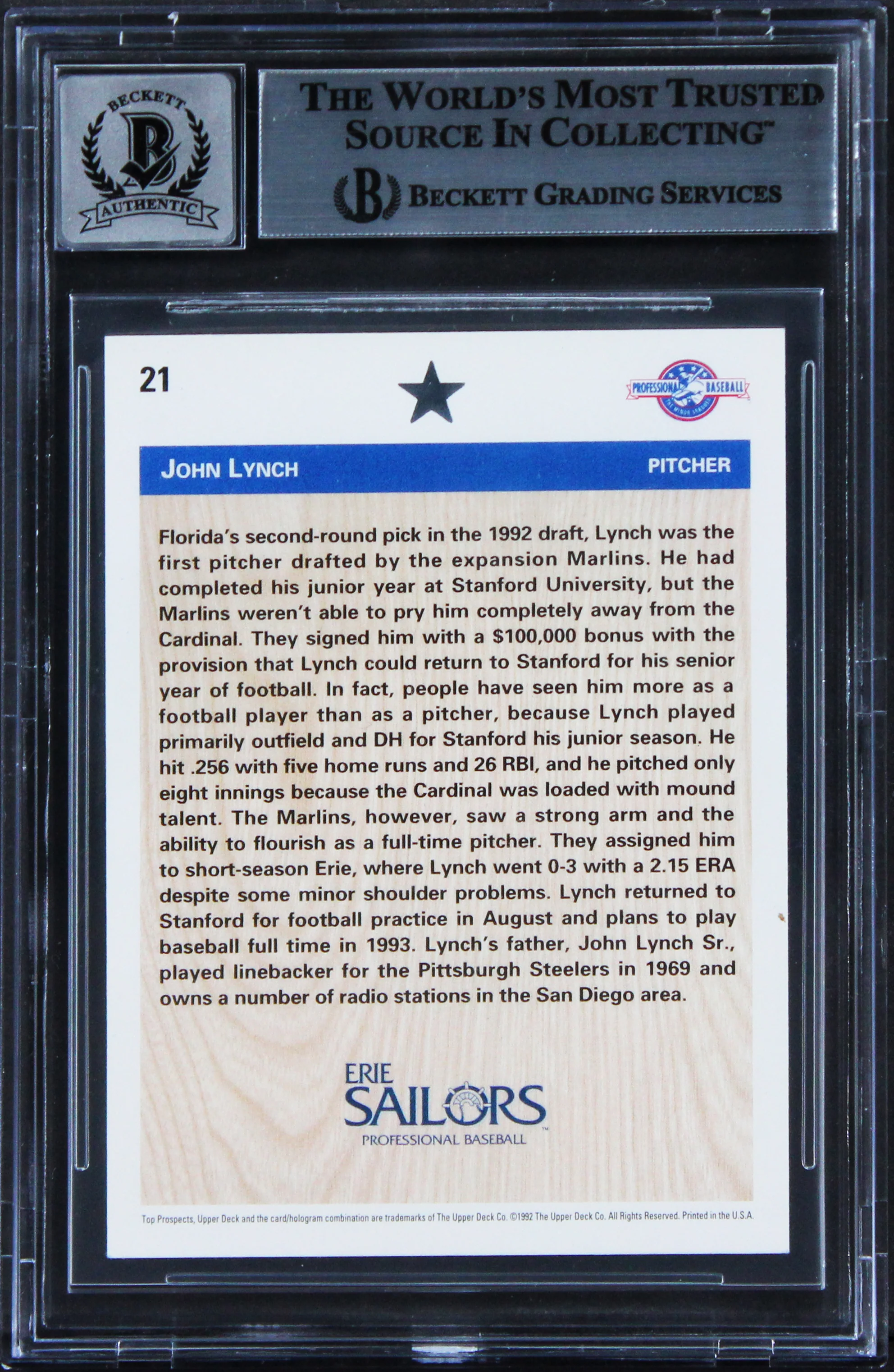 Marlins John Lynch Authentic Signed 1992 Upper Deck Minors #21 Card BAS Slabbed - Image 3