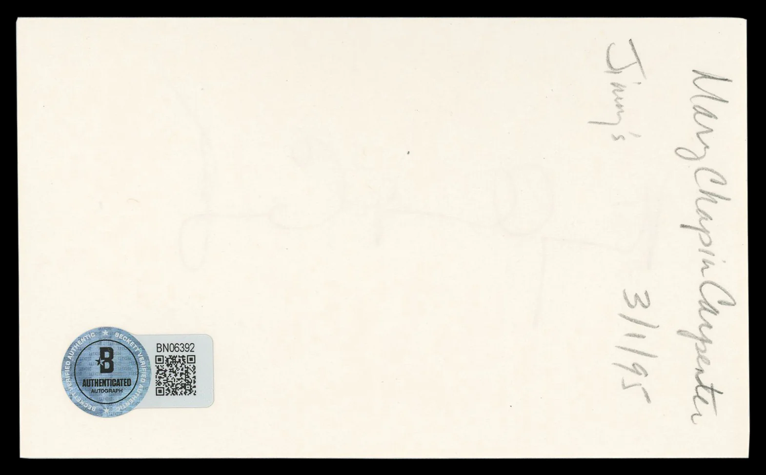 Mary Chapin Carpenter Musician Authentic Signed 3x5 Index Card BAS #BN06392 - Image 3