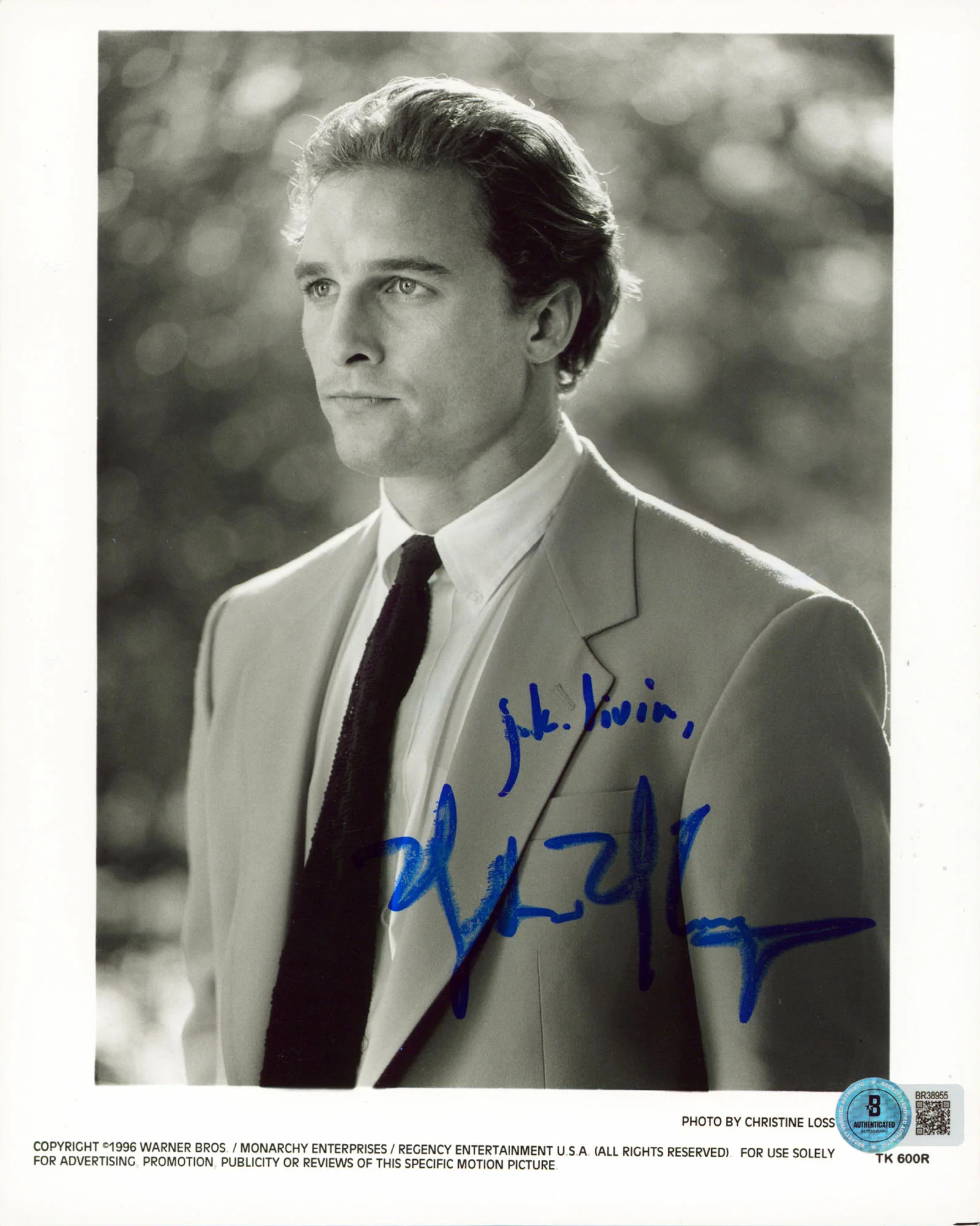 Matthew McConaughey A Time to Kill "J.K. Livin" Signed 8x10 Photo BAS #BR38955 - Image 2
