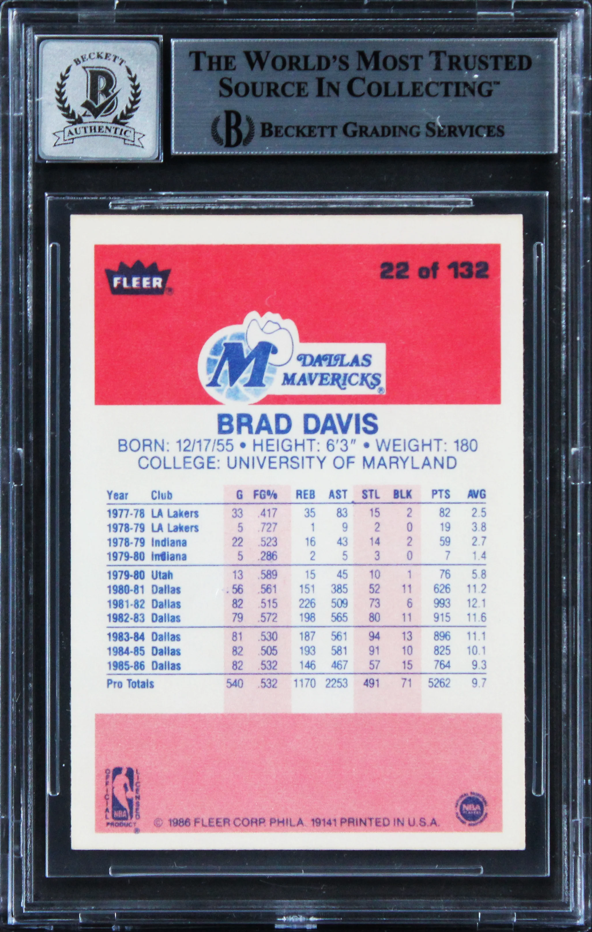 Mavericks Brad Davis Signed 1986 Fleer #22 Card Auto Graded GM 10! BAS Slabbed - Image 3