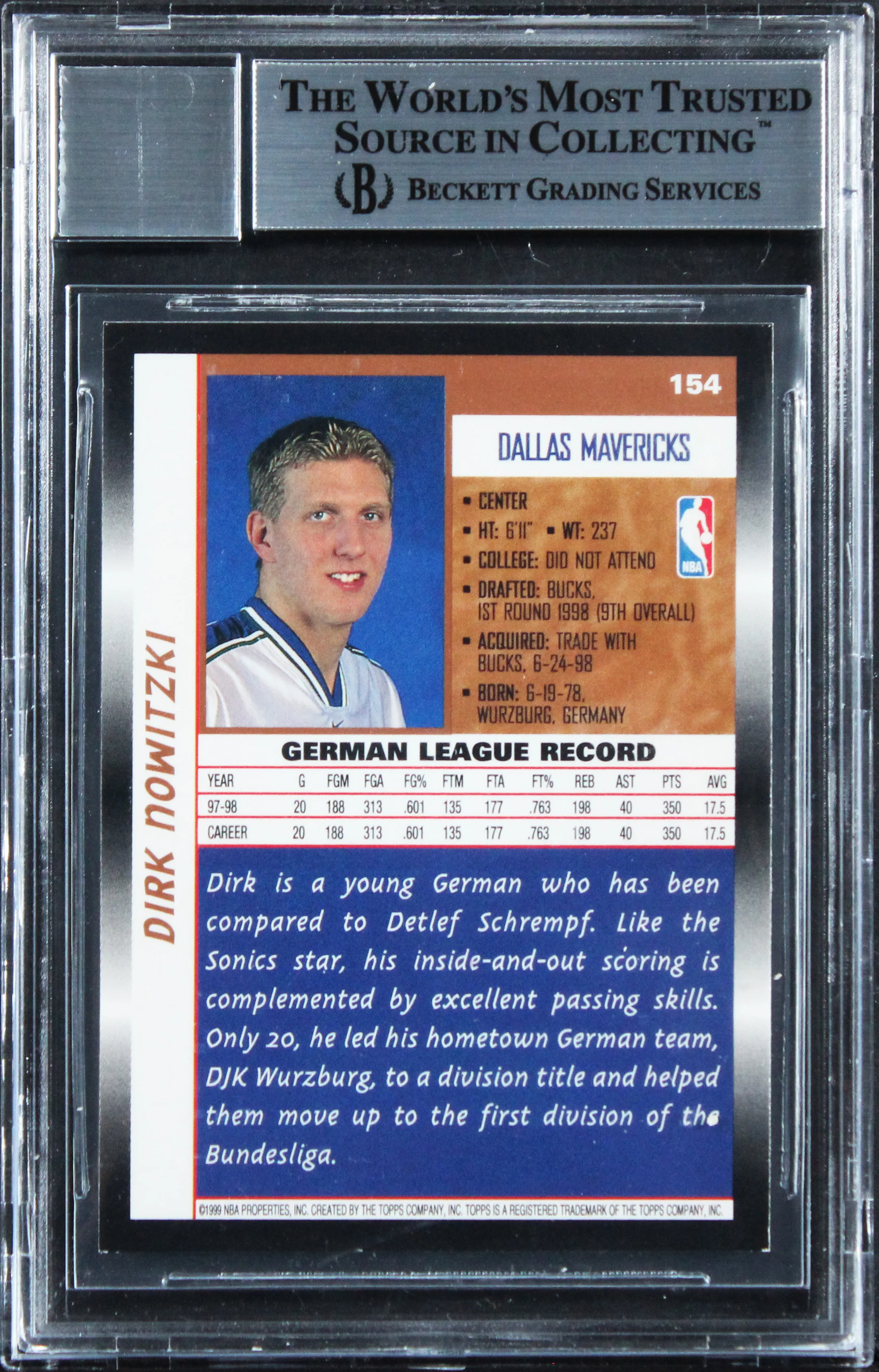 Mavericks Dirk Nowitzki Signed 1998 Topps #154 RC Card Auto 10! BAS Slabbed 2 - Image 3