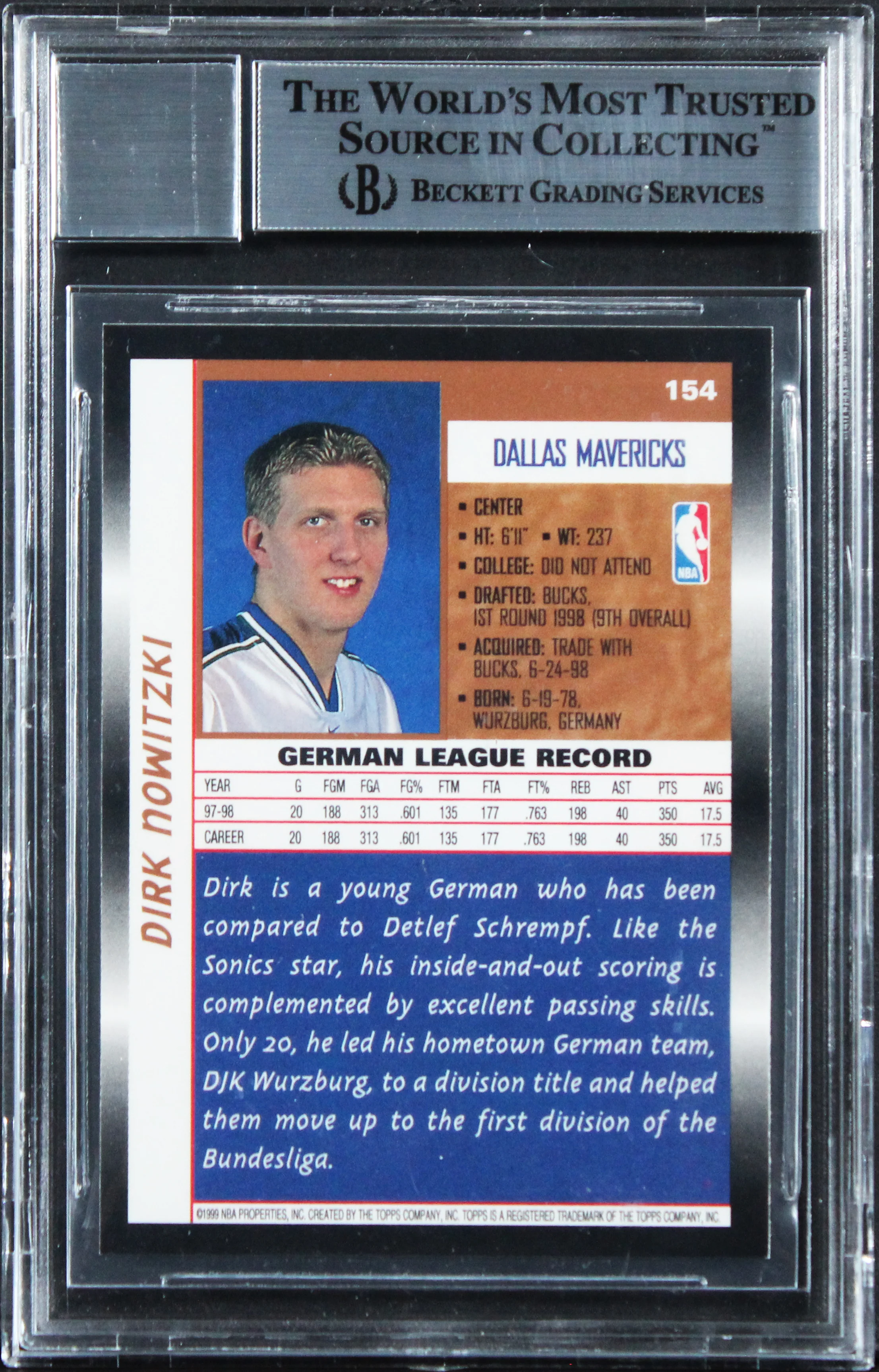Mavericks Dirk Nowitzki Signed 1998 Topps #154 Rookie Card Auto 10! BAS Slabbed - Image 3