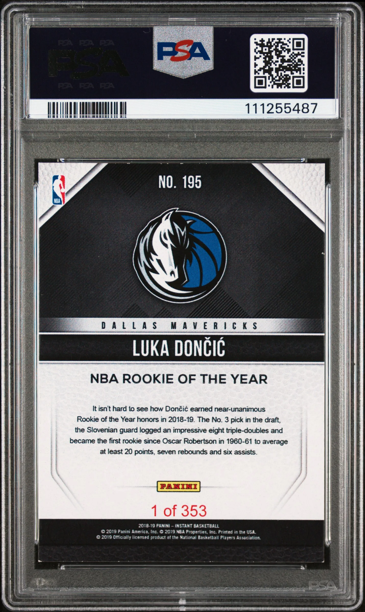Mavericks Luka Doncic Signed 2018 Panini Instant #195 Rookie Card PSA Slabbed 1 - Image 3