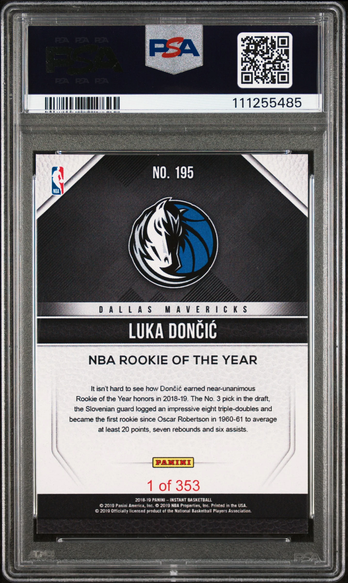 Mavericks Luka Doncic Signed 2018 Panini Instant #195 Rookie Card PSA Slabbed 2 - Image 3
