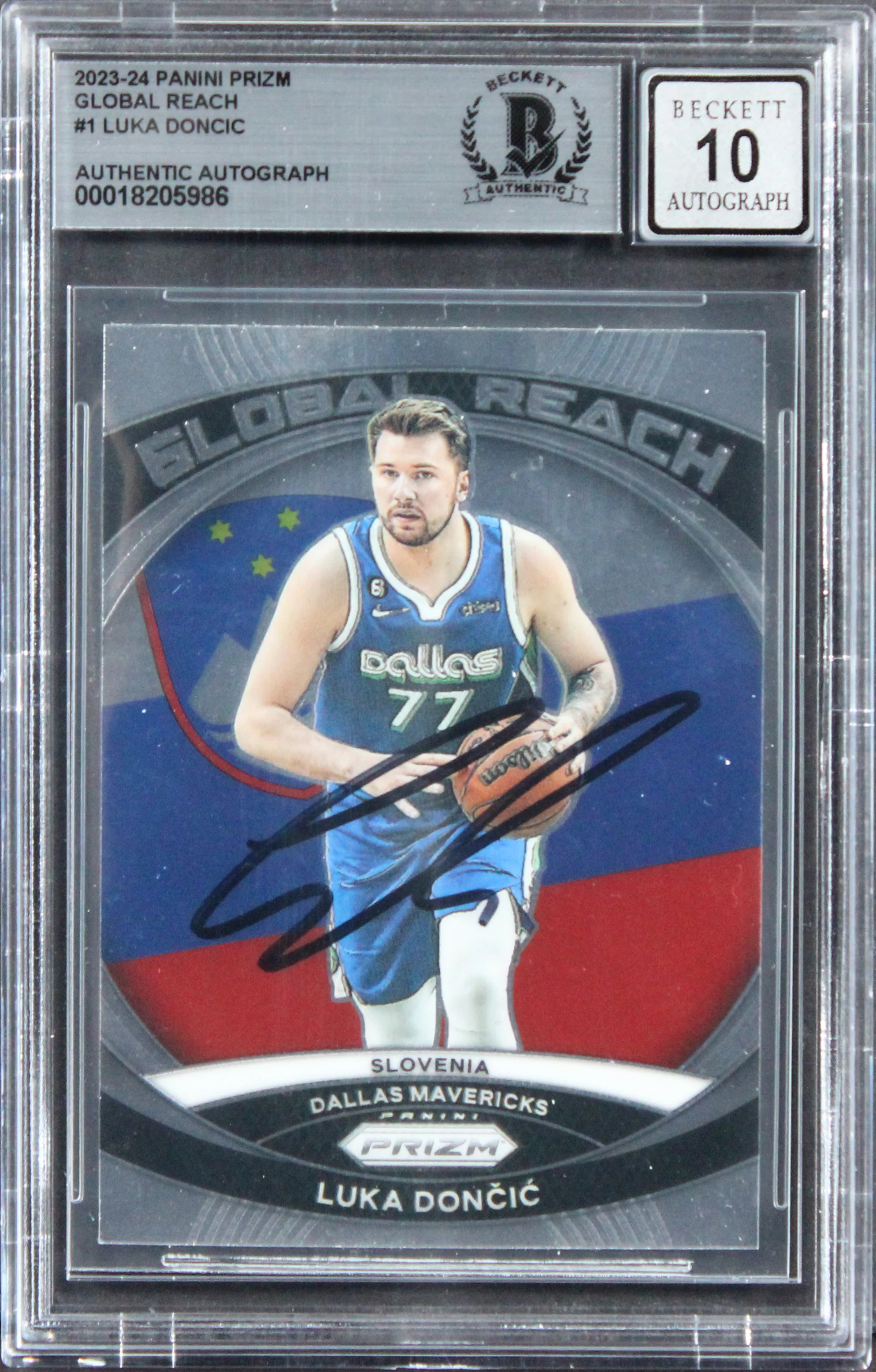 Mavericks Luka Doncic Signed 2023 Panini Prizm Global Reach #1 Card BAS Slabbed - Image 2