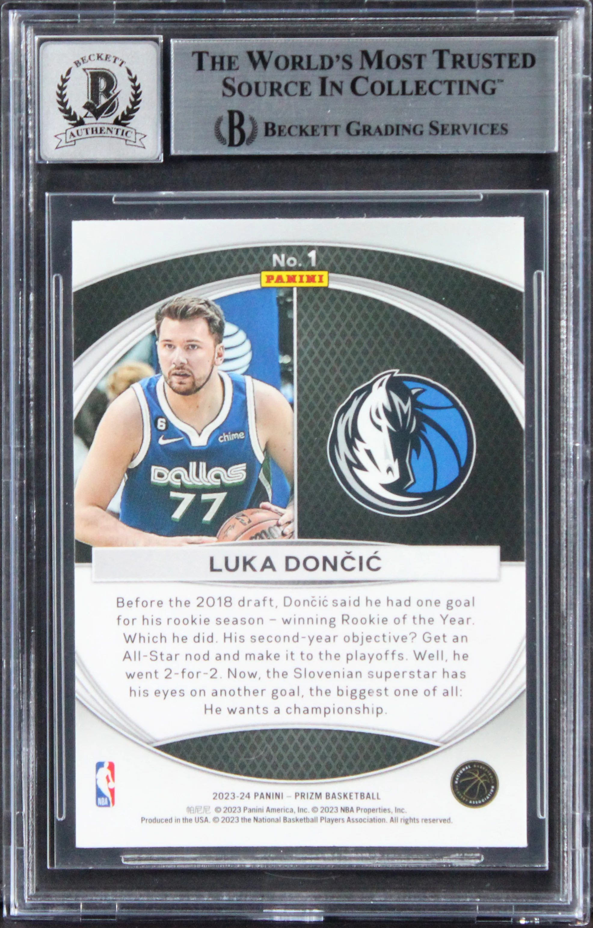 Mavericks Luka Doncic Signed 2023 Panini Prizm Global Reach #1 Card BAS Slabbed - Image 3