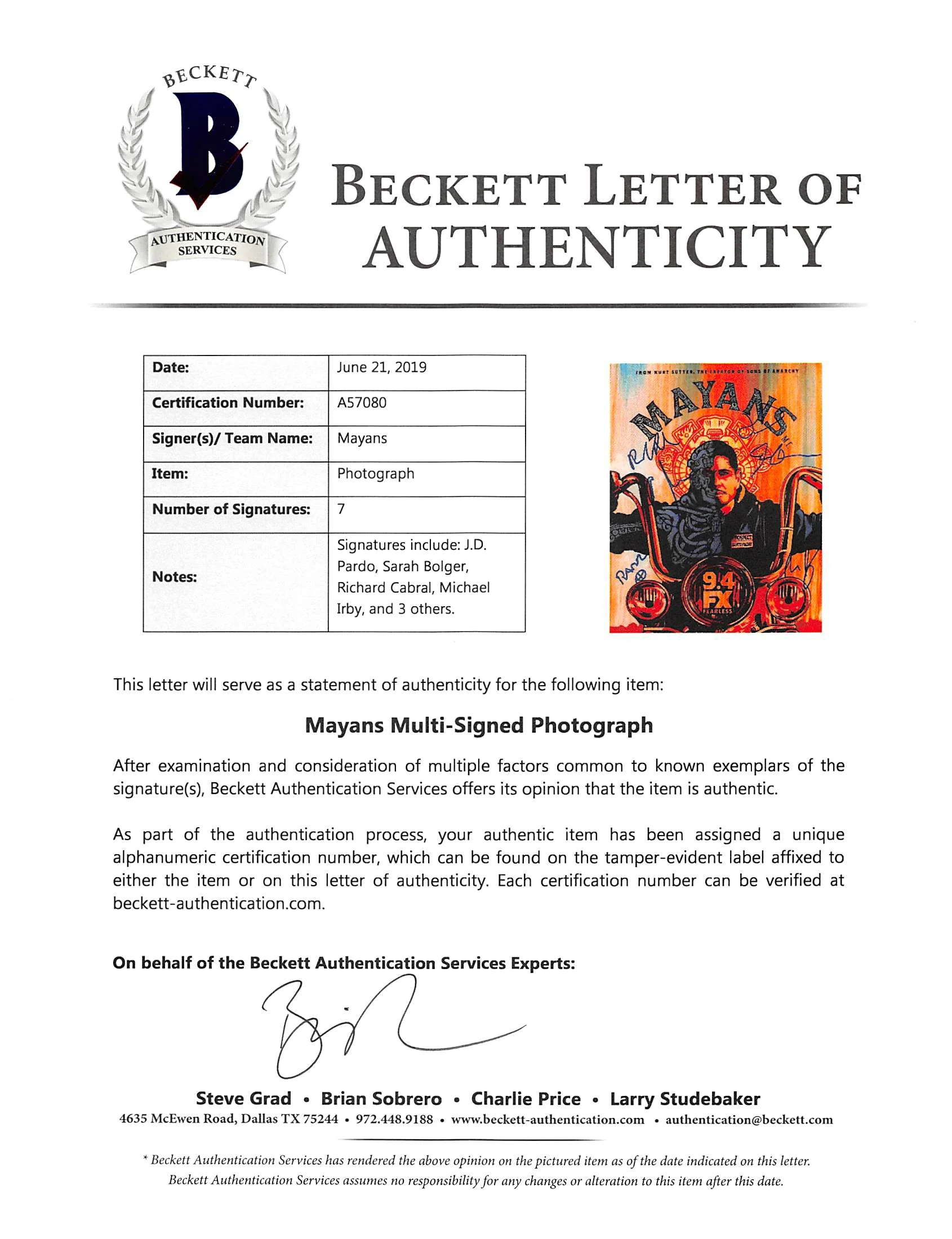 Mayans M.C. (7) Pardo, Bolger, Cabral +4 Authentic Signed 8x10 Photo BAS #A57080 - Image 3