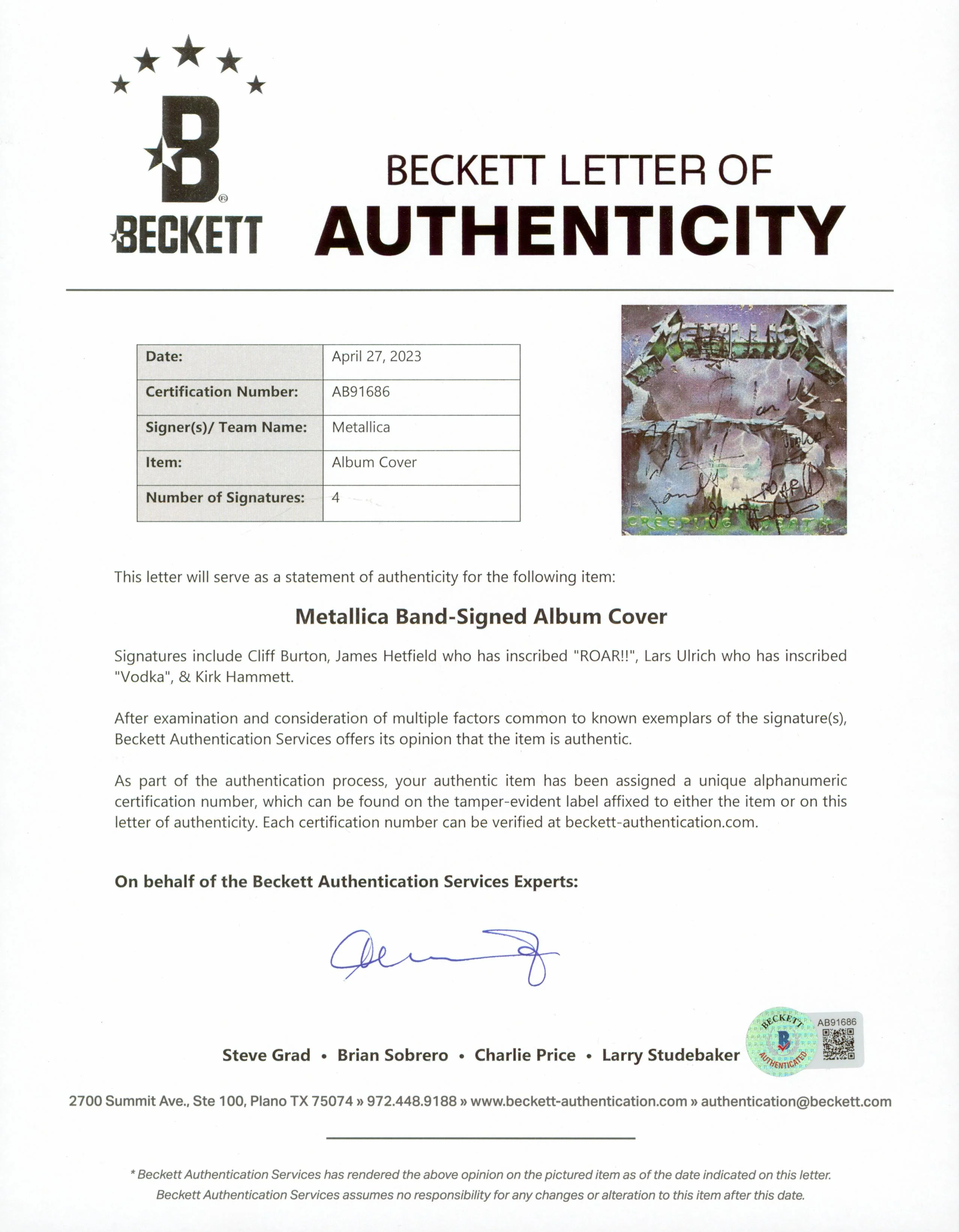 Metallica (4) Burton, Hetfield, Ulrich & Hammett Signed Album Cover BAS #AB91686 - Image 7