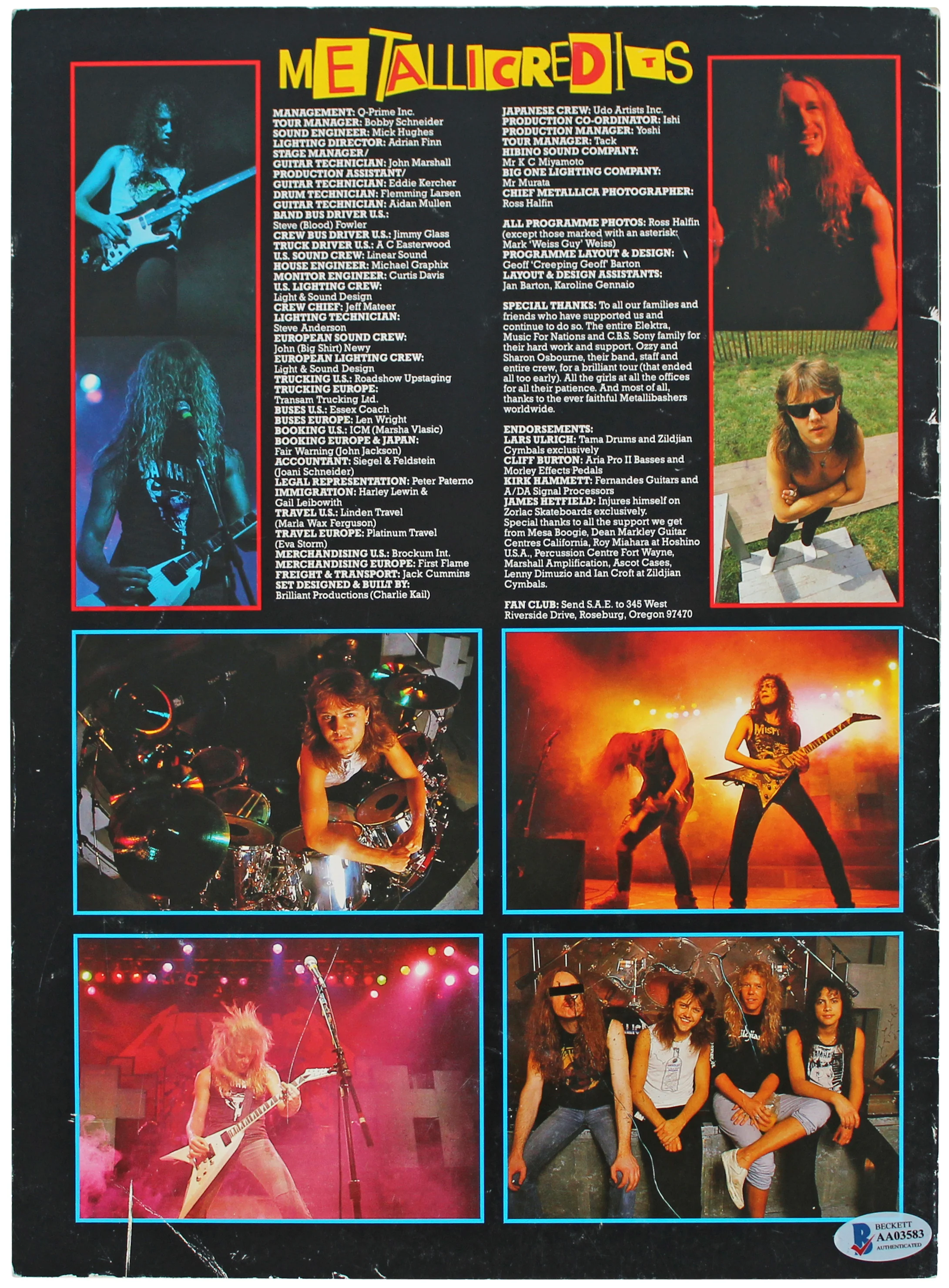 Metallica (4) Hetfield, Burton, Hammett & Ulrich Signed 1986 Tour Program BAS - Image 5