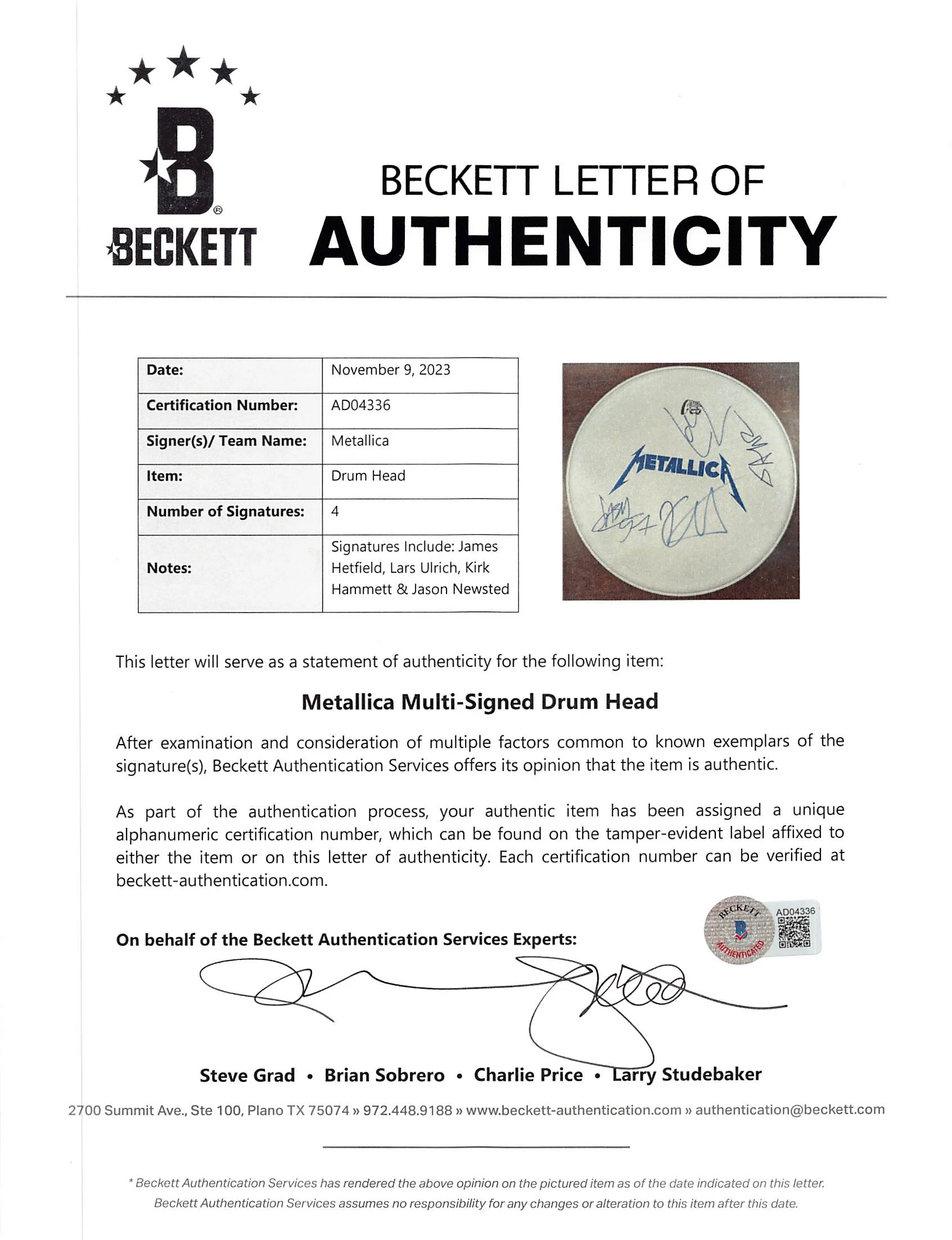 Metallica (4) Hetfield, Ulrich, Hammett +1 Signed 15 Inch Drum Head BAS #AD04336 - Image 4