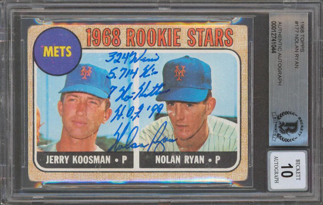 Mets Nolan Ryan "Stat" Signed 1968 Topps #177 Rookie Card Auto Grade 10 BAS Slab