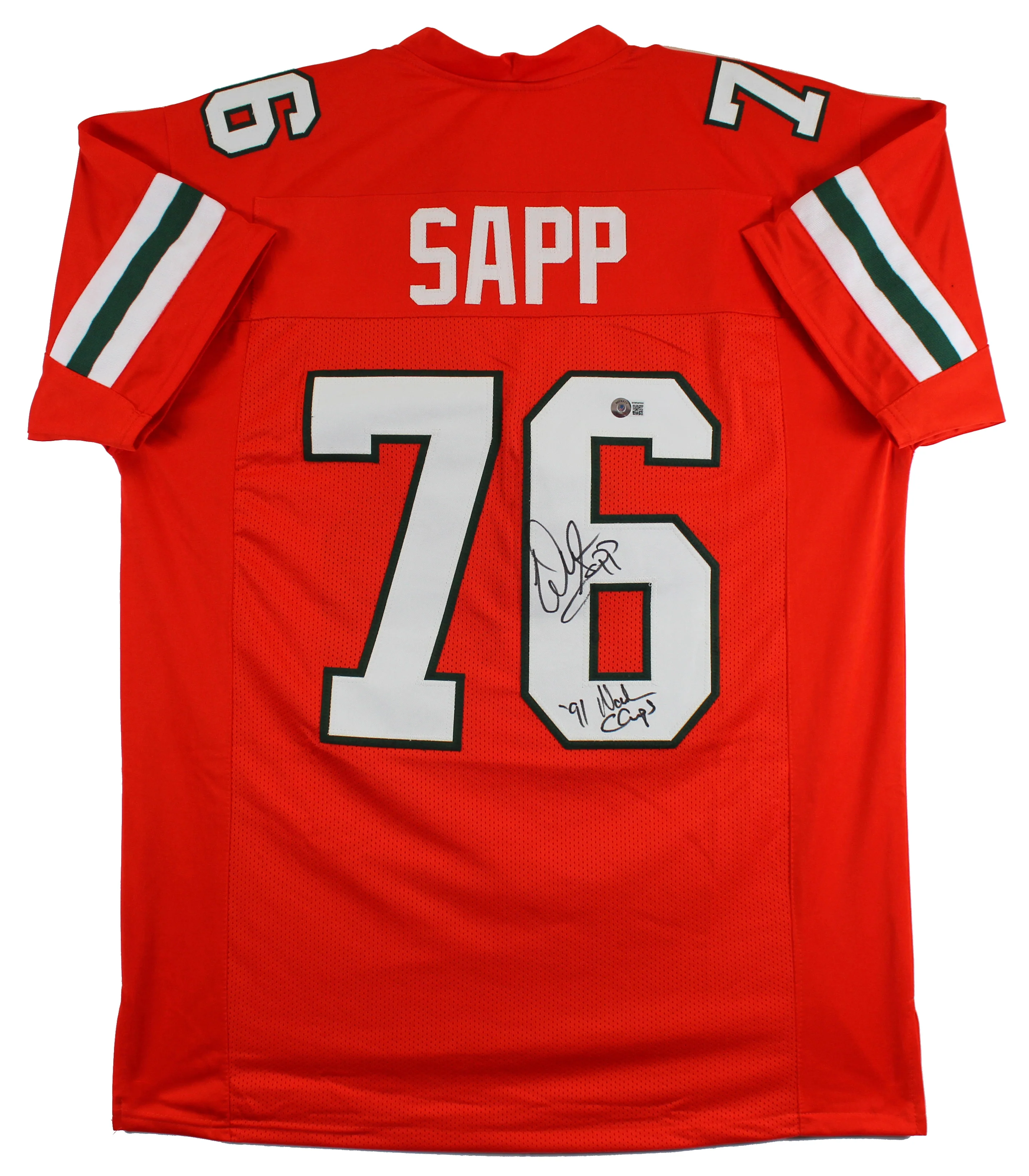 Miami Warren Sapp 1991 Ntnl Champs Signed Orange Pro Style Jersey BAS Witnessed - Image 2
