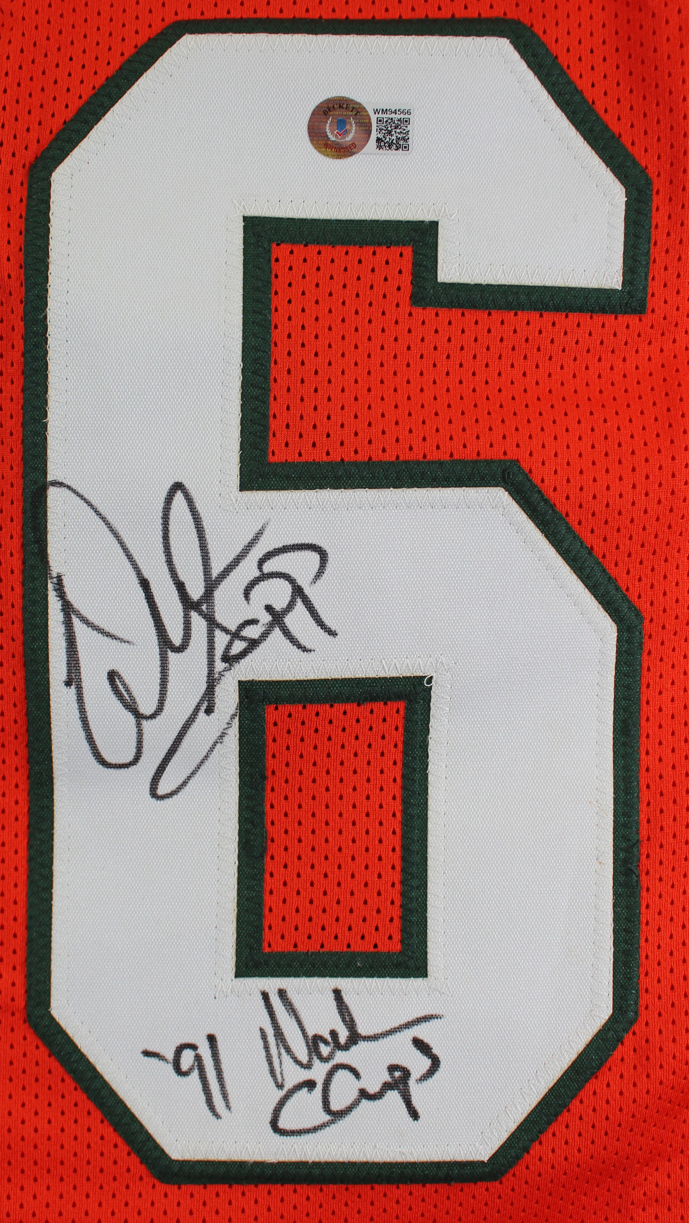 Miami Warren Sapp 1991 Ntnl Champs Signed Orange Pro Style Jersey BAS Witnessed - Image 3